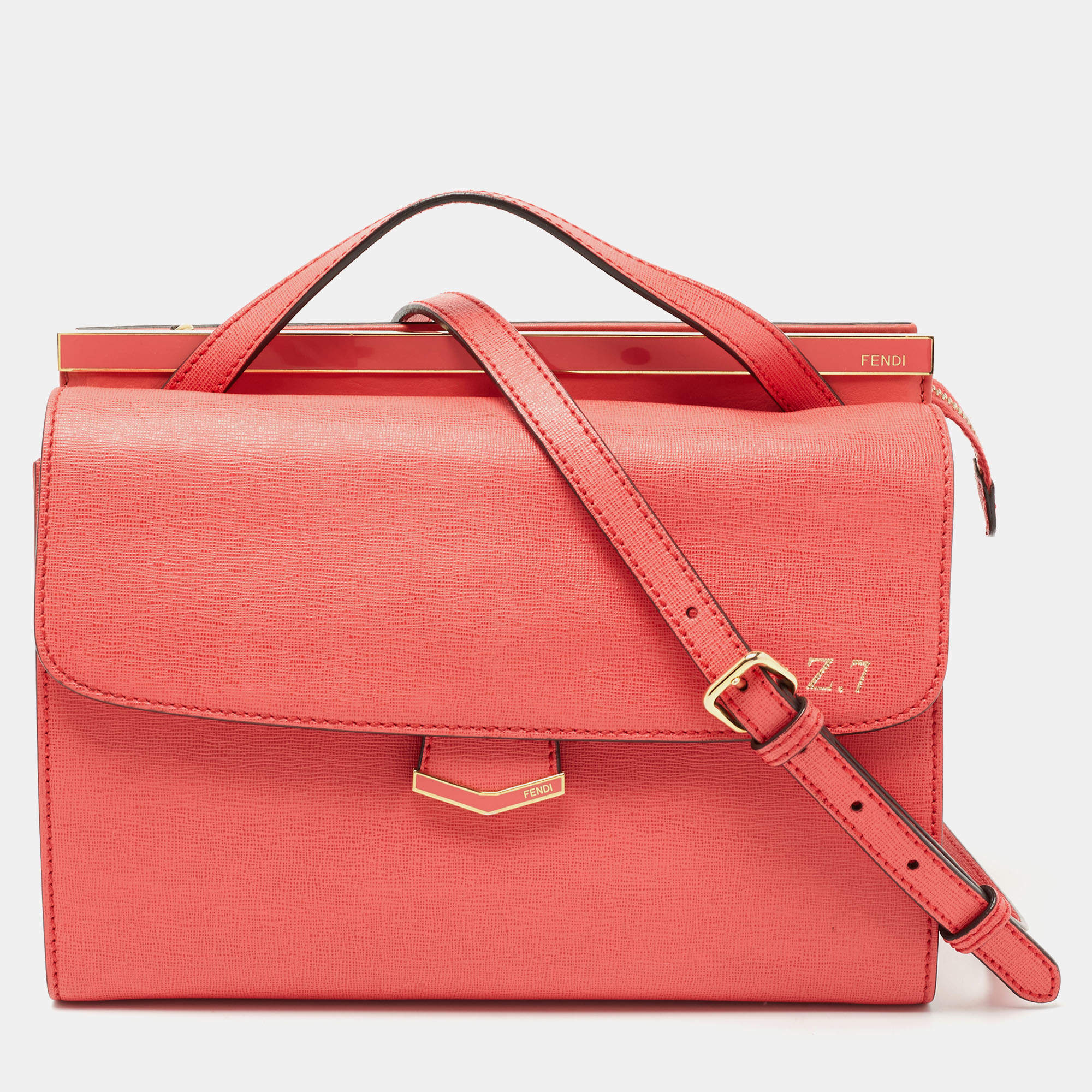 Pre Owned Fendi Pink Textured Leather Small Demi Jour Top Handle Bag