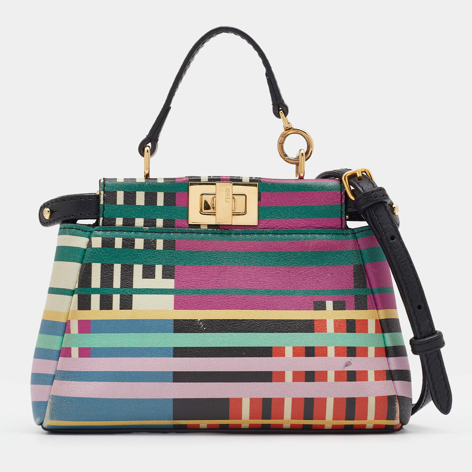 Pre Owned Fendi Multicolor Stripe Print Leather Micro Peekaboo Top Handle Bag