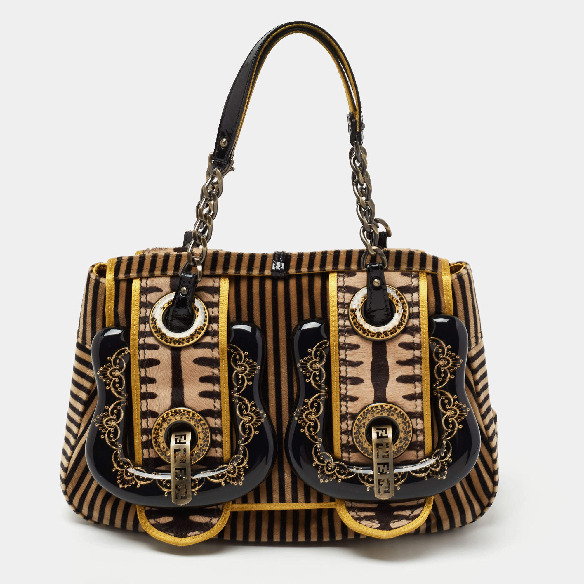Pre Owned Fendi Multicolor Satin And Velvet B Bag Shoulder Bag