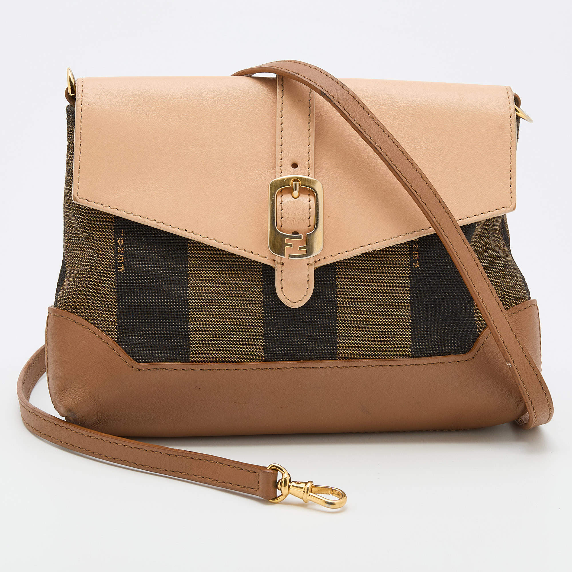 Pre Owned Fendi Brown/Beige Pequin Canvas And Leather Crossbody Bag