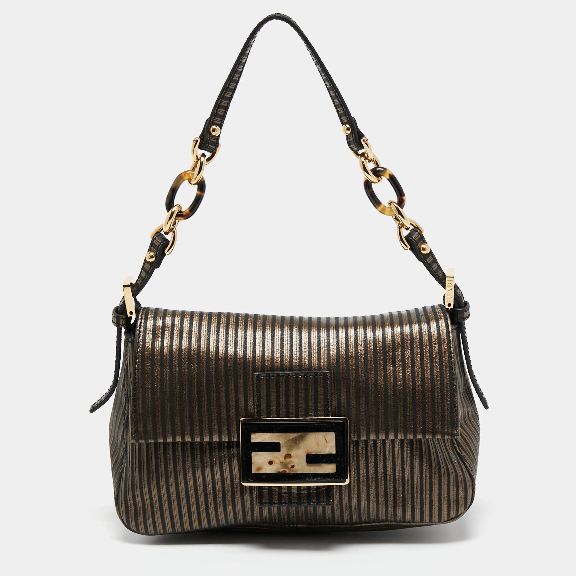 Pre Owned Fendi Bi Color Striped Leather Mini Mama Baguette Evening Bag