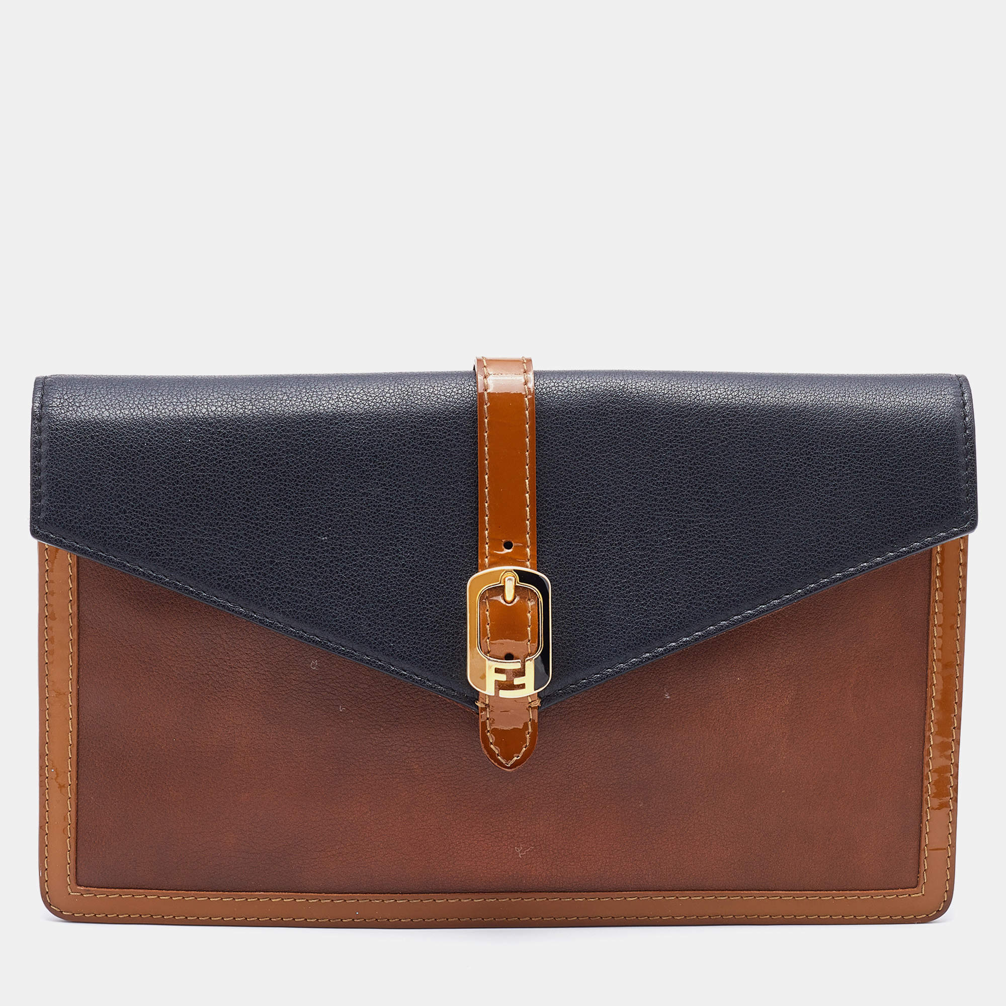Pre Owned Fendi Black/Brown Leather and Patent Leather Trim Fendista Envelope Clutch