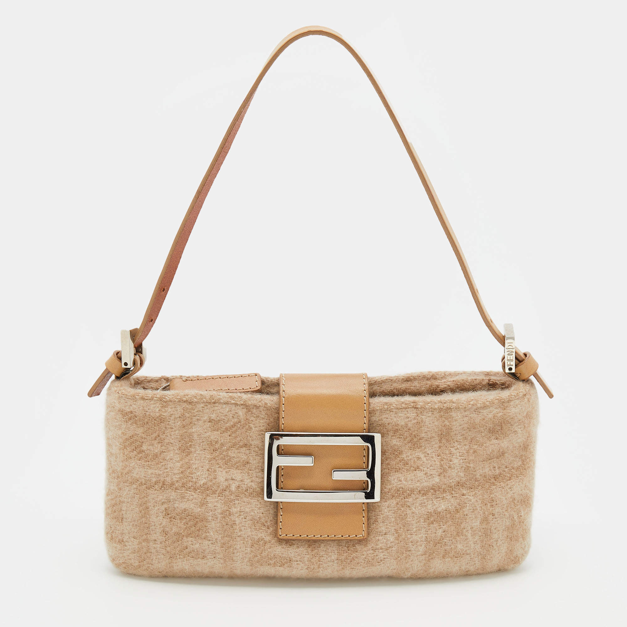 Fendi Beige Zucca Wool and Leather Baguette