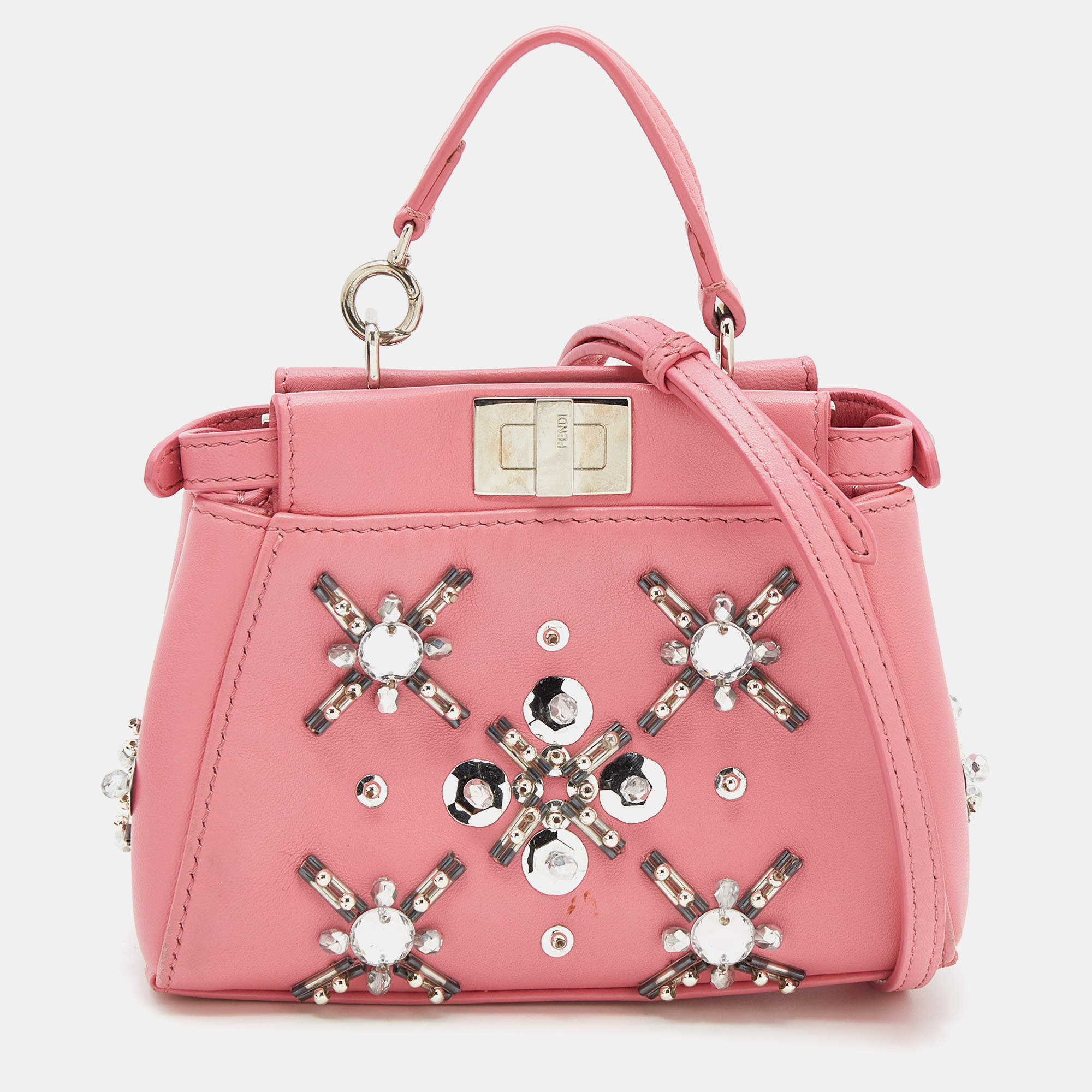 Fendi Pink Leather Crystal Embellished Micro Peekaboo Top Handle Bag ...