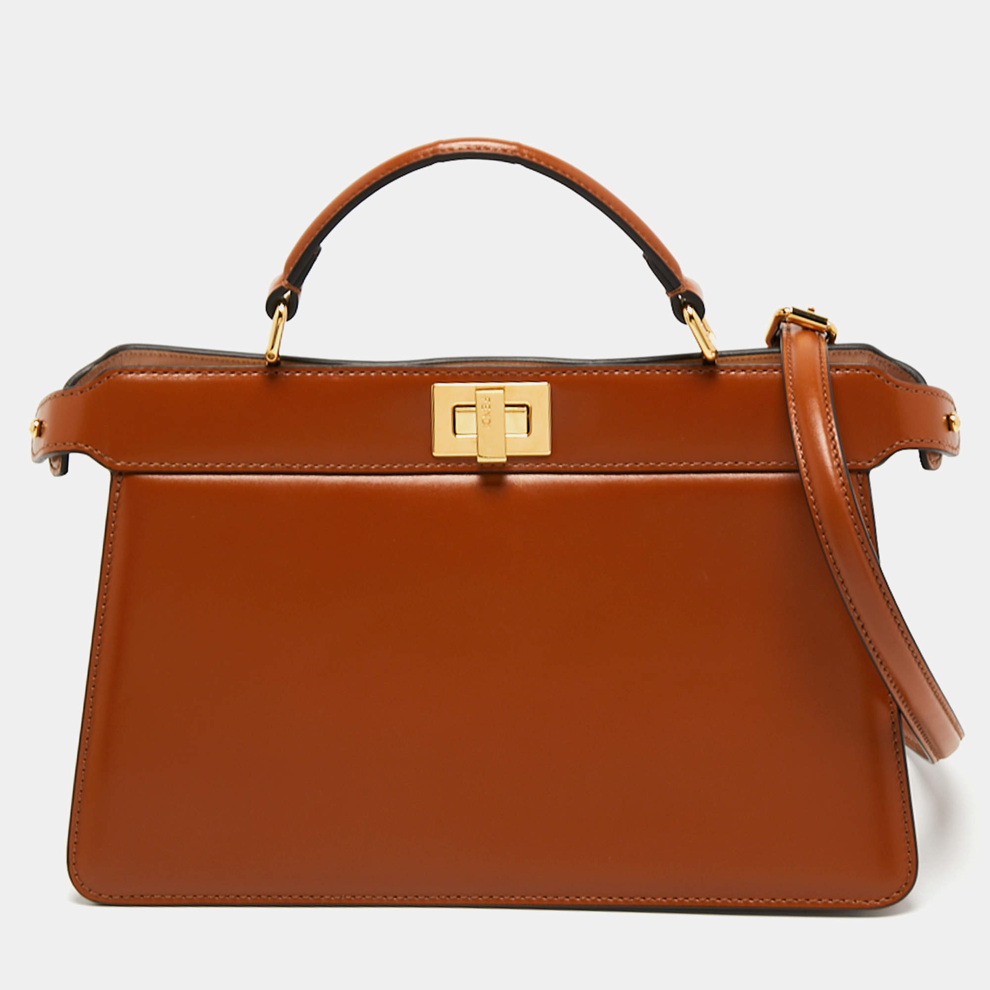 Pre Owned Fendi Brown Leather Peekaboo ISeeU East-West Top Handle Bag