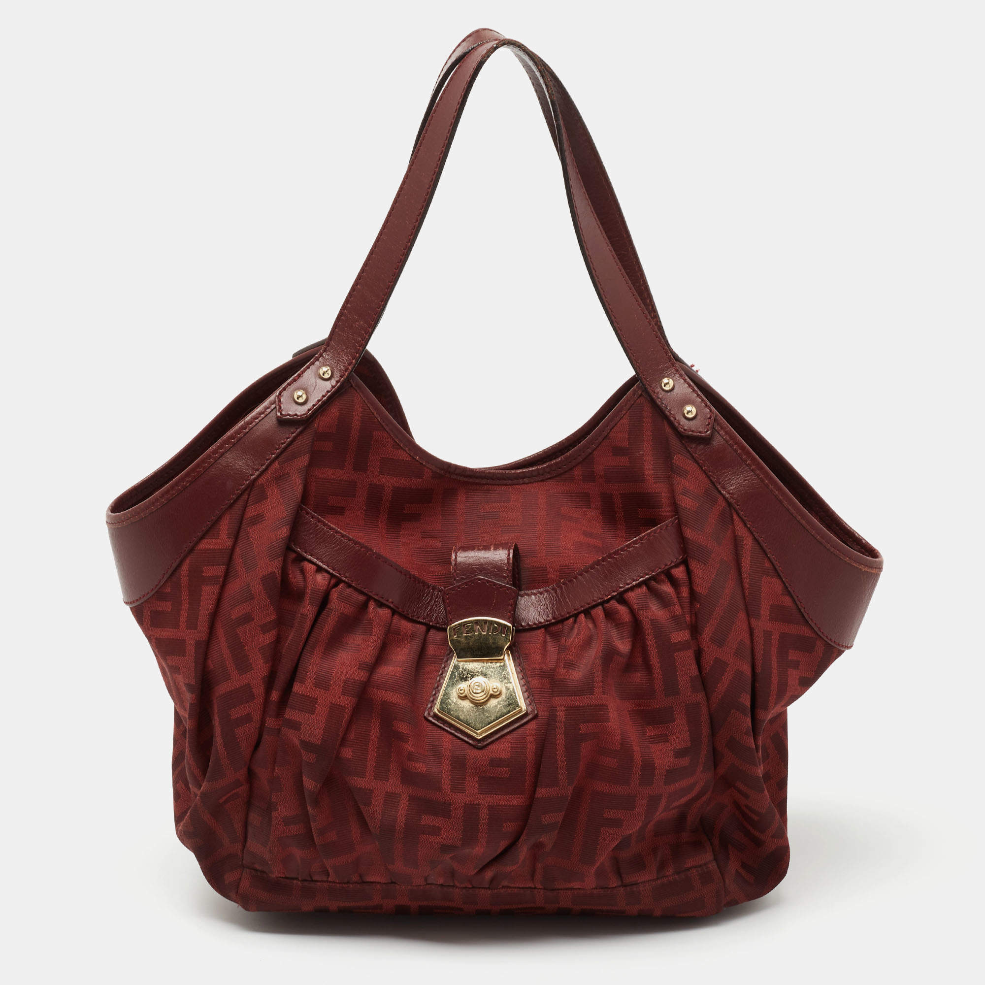 Pre Owned Fendi Red Zucca Canvas and Leather Borsa Chef Tote