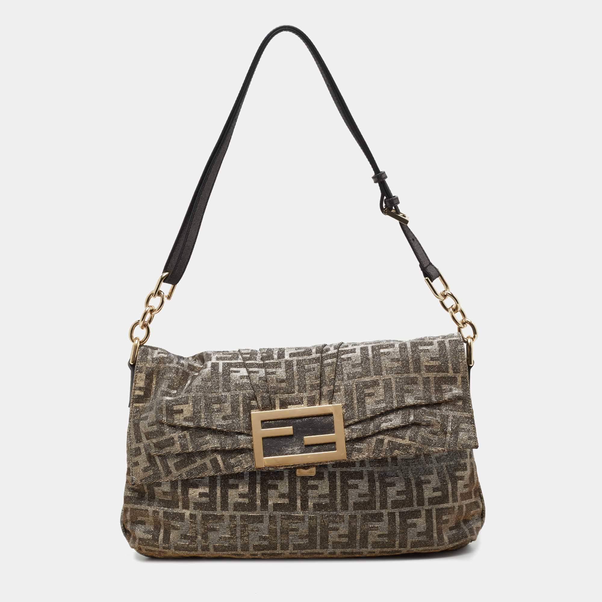 Pre Owned Fendi Metallic Zucca Glitter Lurex Fabric Mia Flap Shoulder Bag