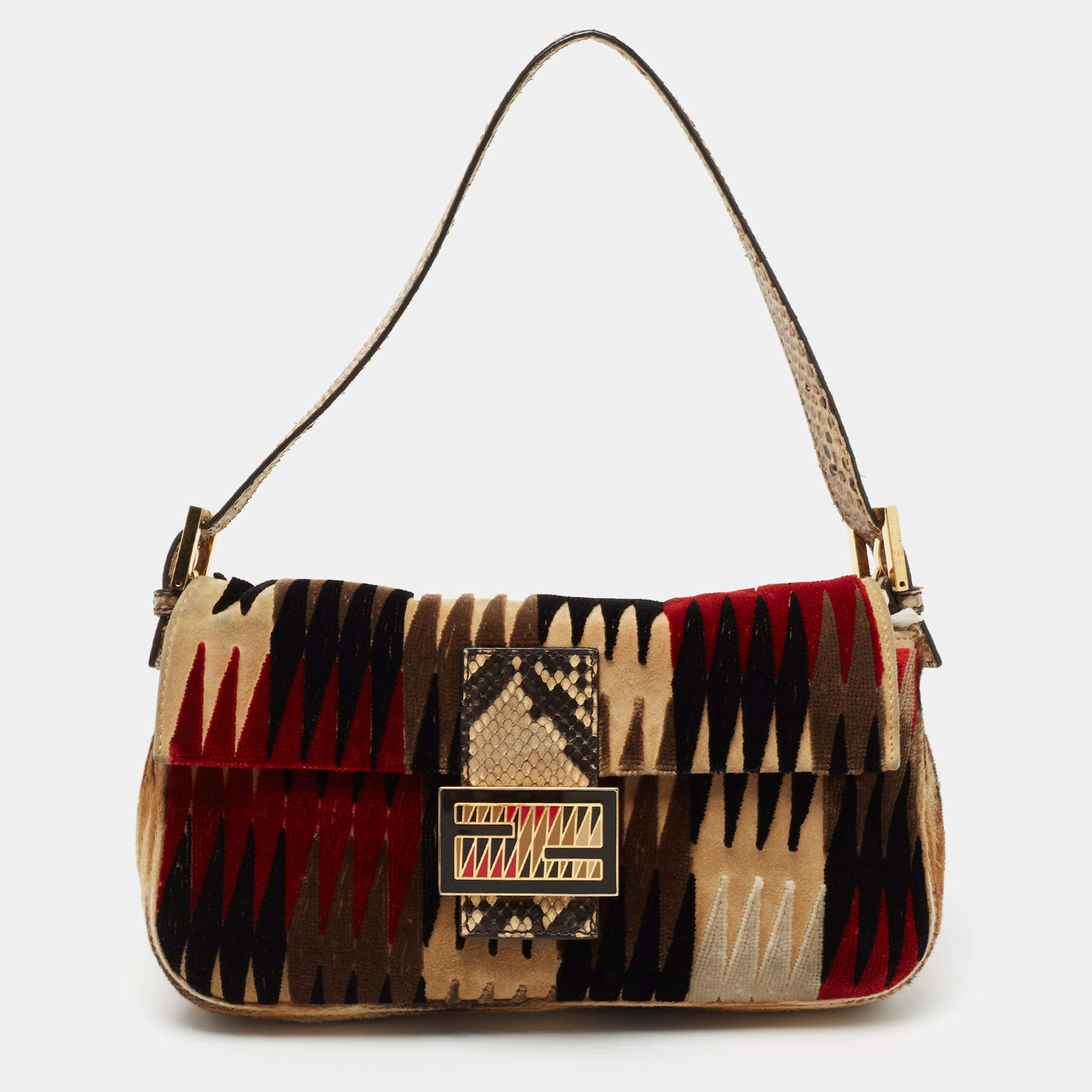 Fendi Multicolor Velvet, Calf Hair and Python Baguette Bag
