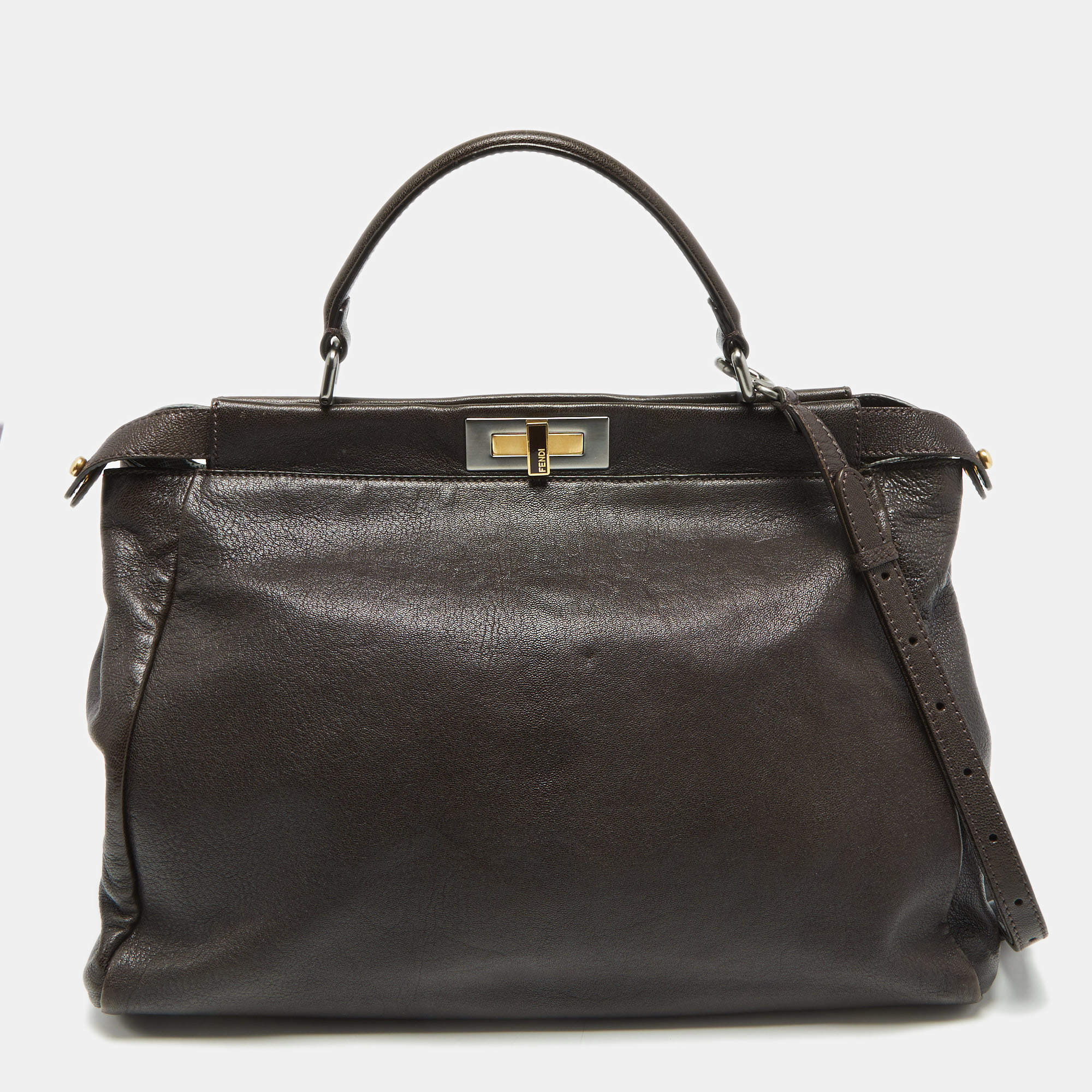 Pre Owned Fendi Brown Leather Large Peekaboo Top Handle Bag