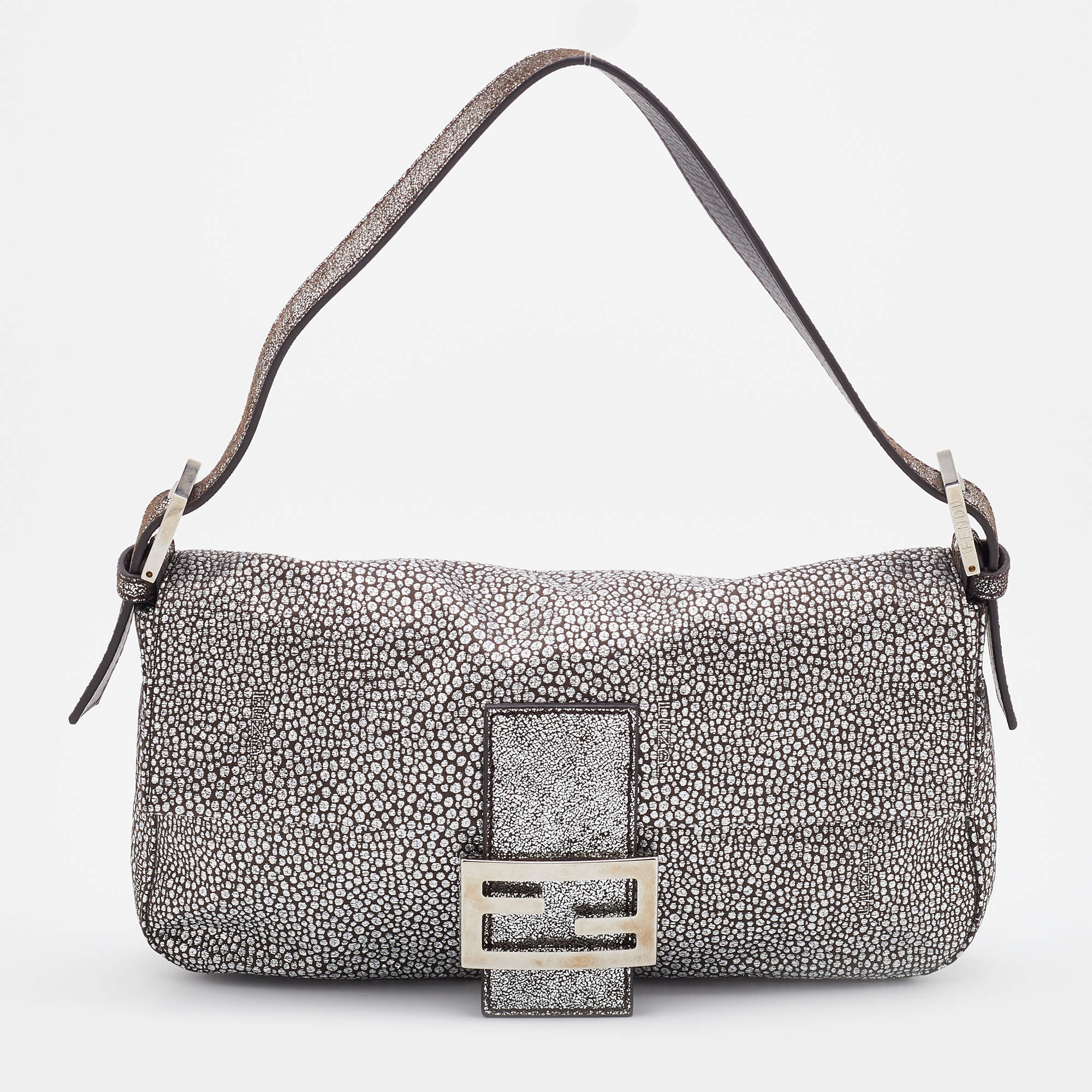 Fendi Silver Lurex Fabric and Leather Baguette Shoulder Bag