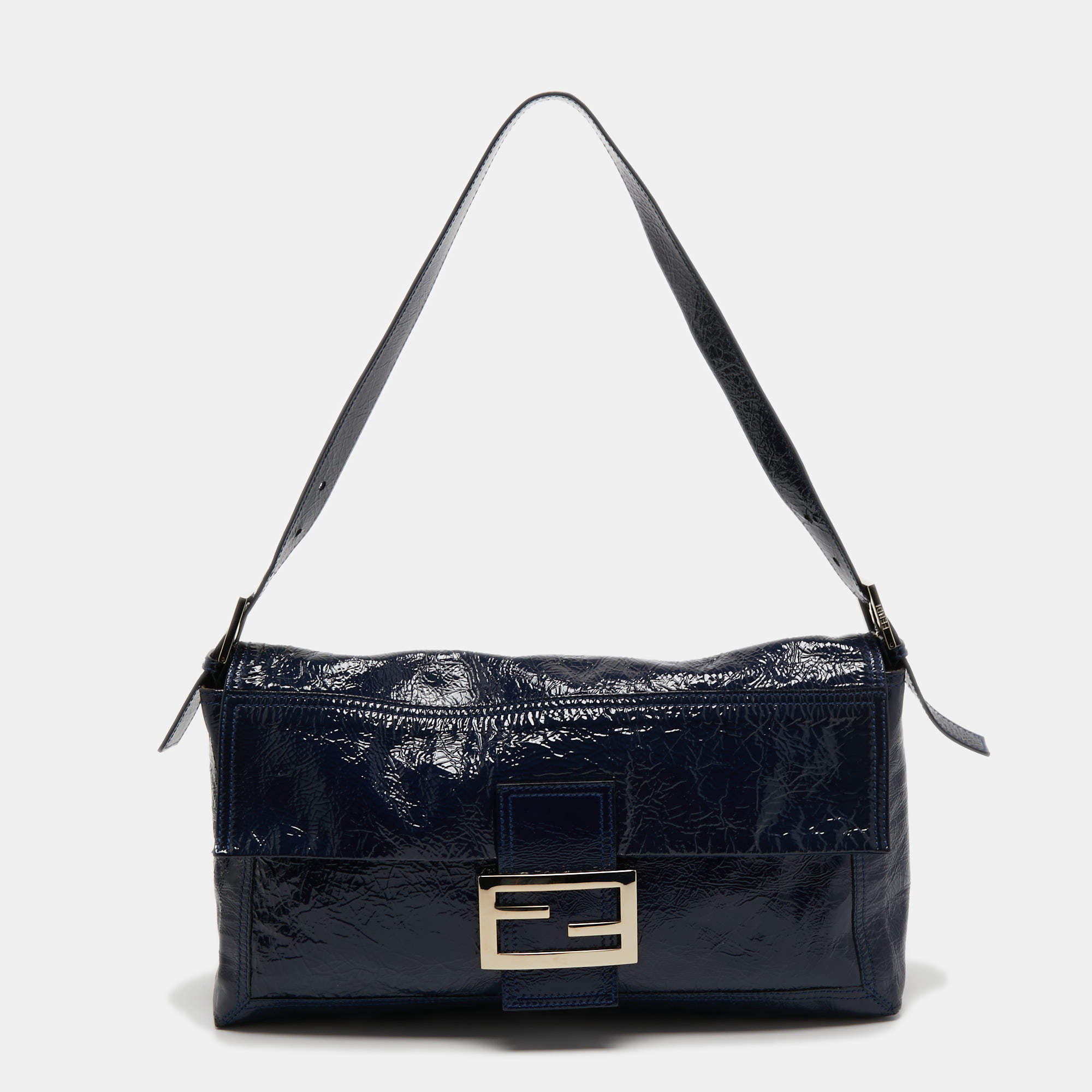 Pre Owned Fendi Navy Blue Patent Leather Maxi Convertible Baguette Bag