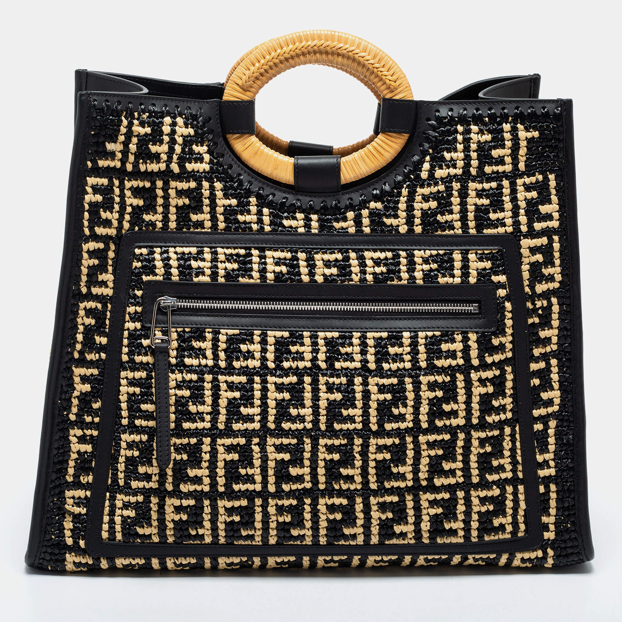 Pre Owned Fendi Black/Beige Woven Raffia and Leather Large Runaway Shopper Tote
