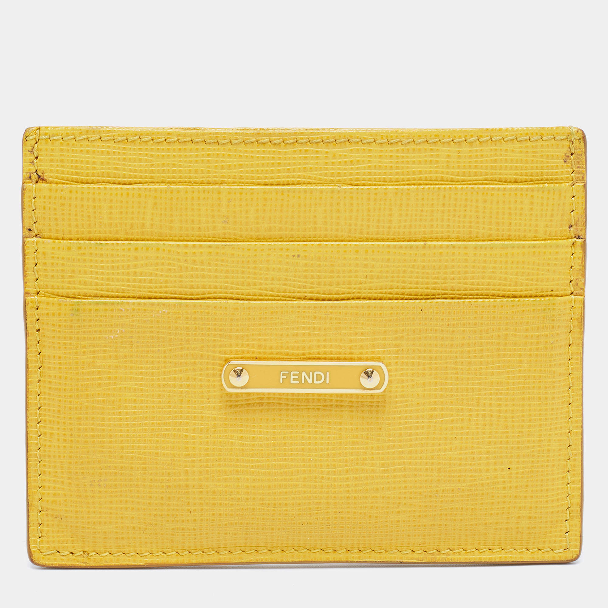 Pre Owned Fendi Yellow Leather Card Holder