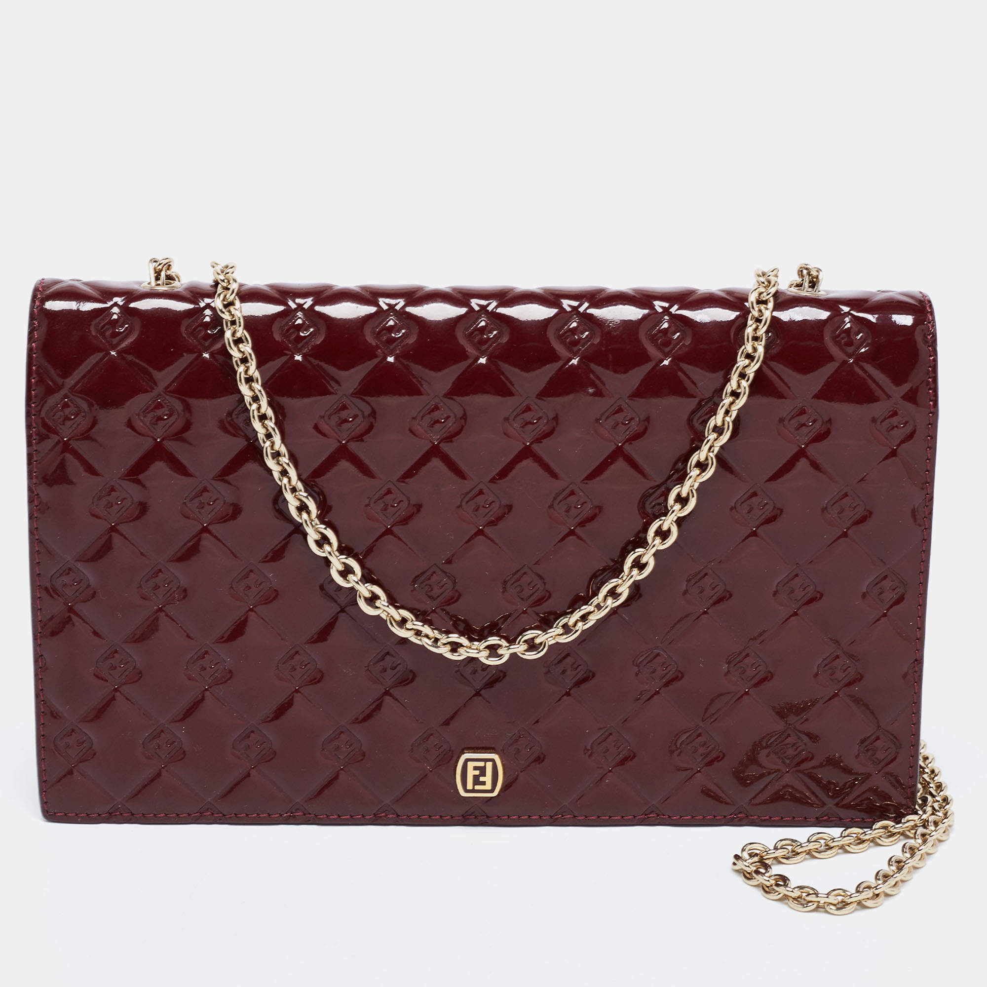 Pre Owned Fendi Burgundy Patent Leather Fendilicious Chain Clutch