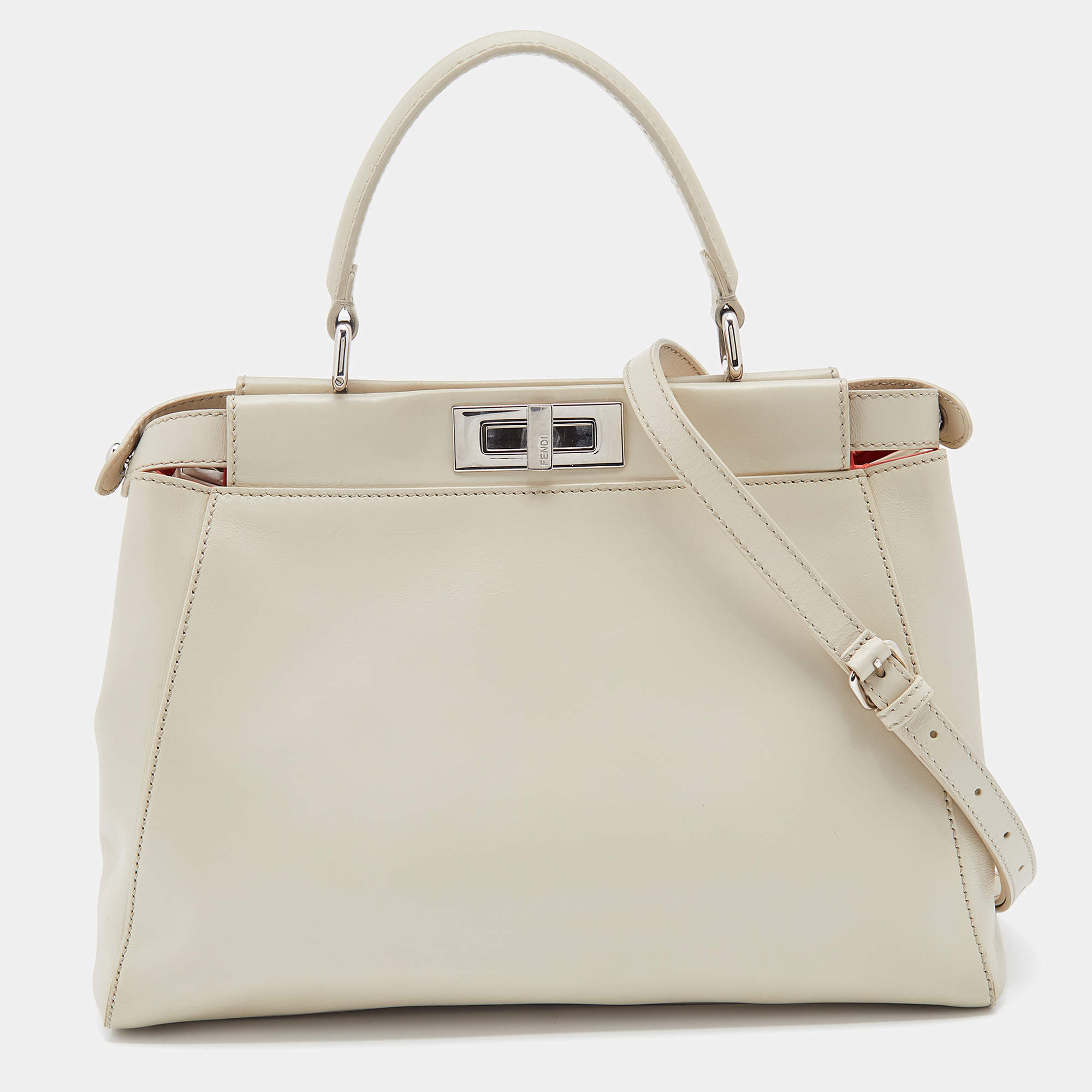 Pre Owned Fendi Off White Leather Medium Peekaboo Top Handle Bag