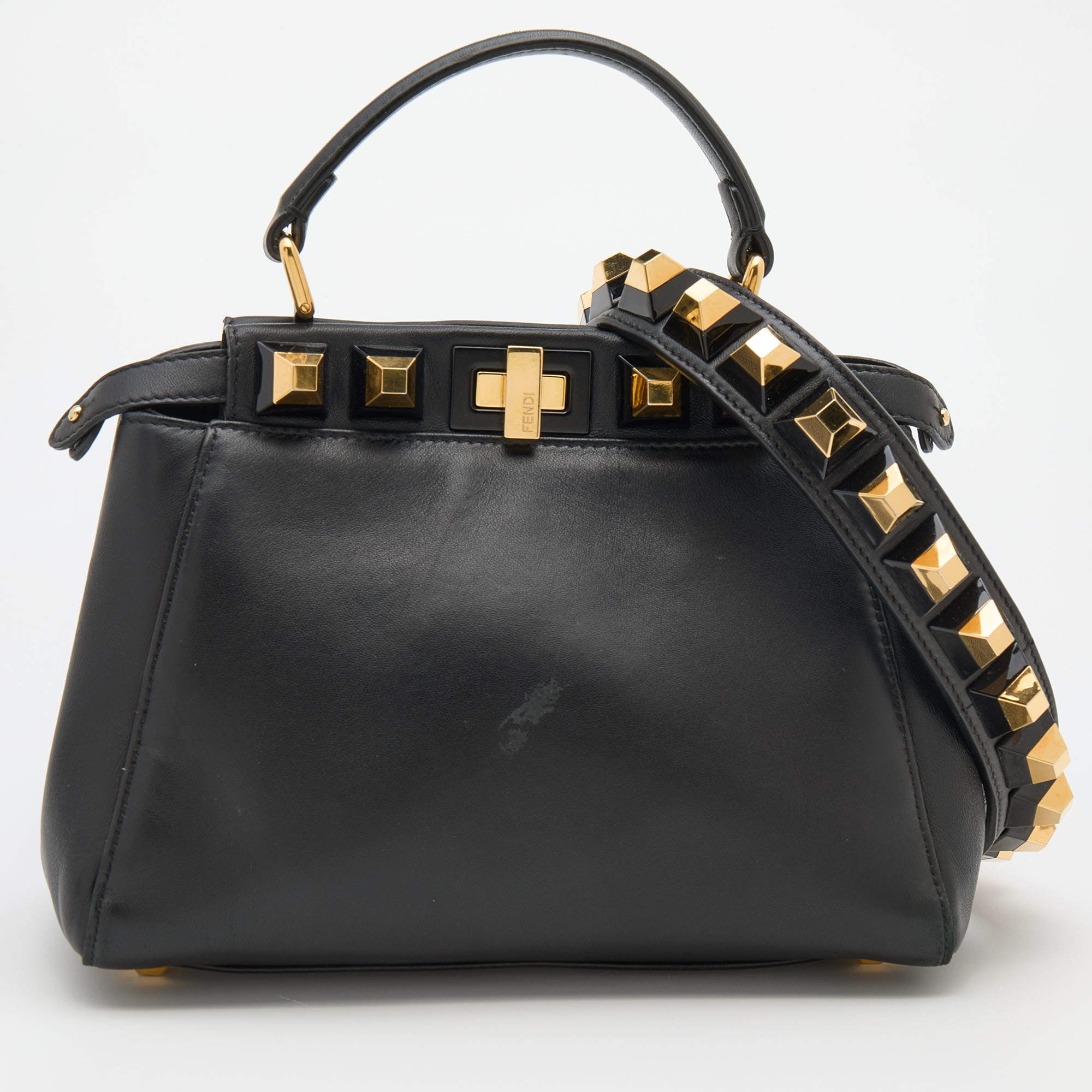 Pre Owned Fendi Black Leather Mini Studded Peekaboo Top Handle Bag