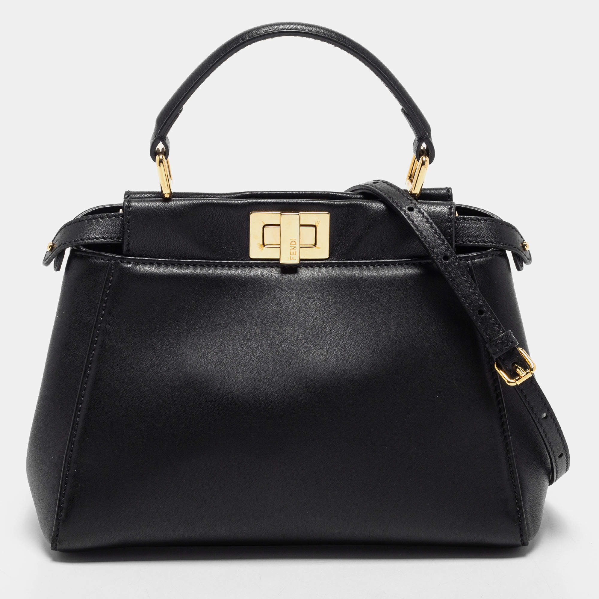 Pre Owned Fendi Black Leather Mini Peekaboo Top Handle Bag