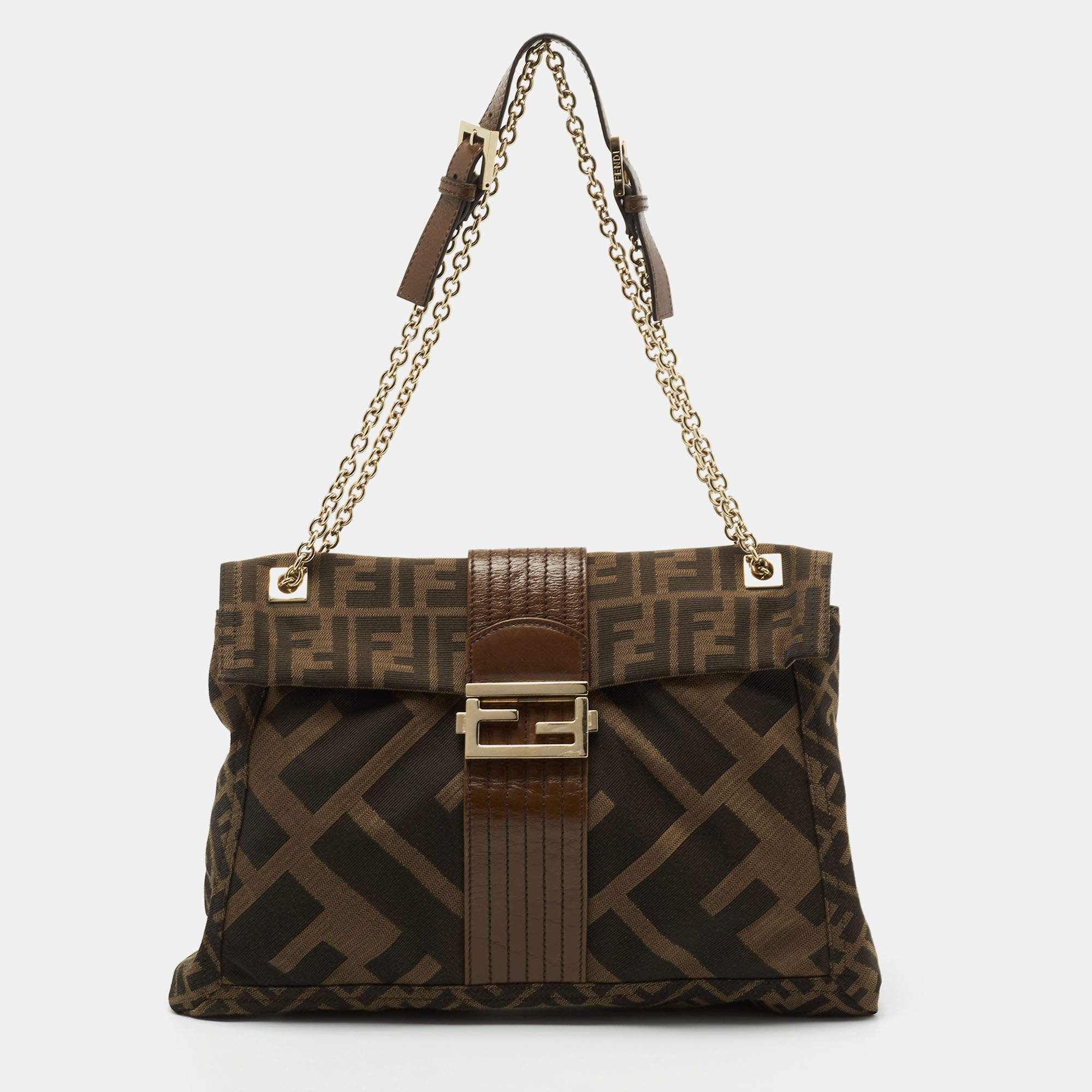 Fendi Tobacco Zucca Canvas and Leather Maxi Baguette Shoulder Bag