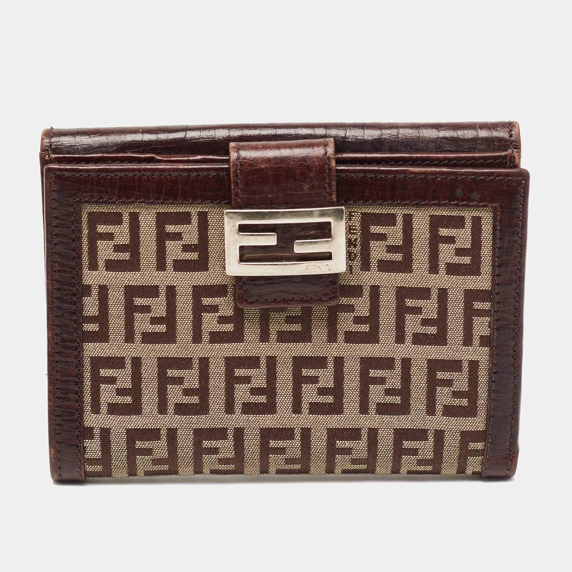 Pre Owned Fendi Beige/Brown Zuchino Canvas and Leather Forever Flap Wallet