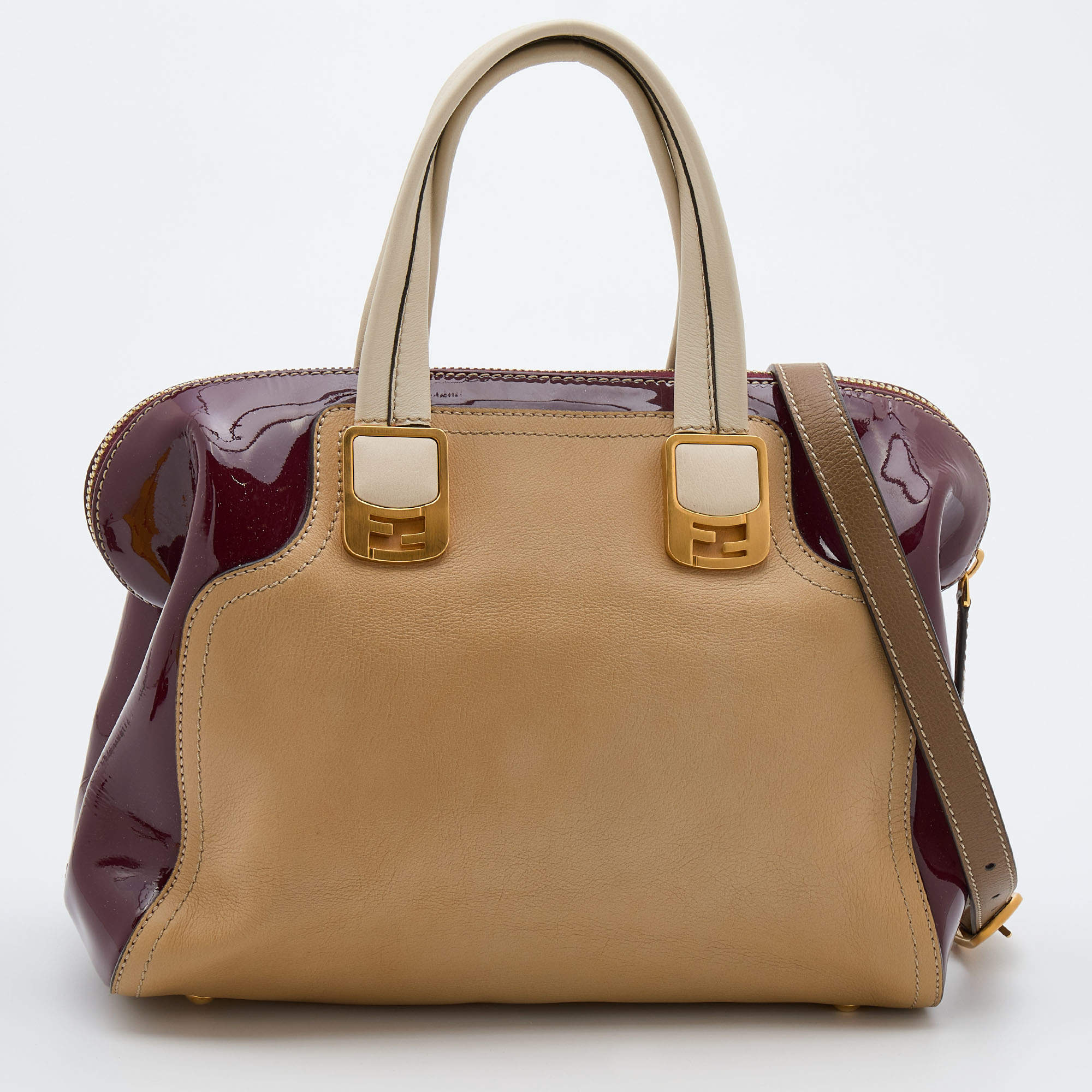 Pre Owned Fendi Beige/Burgundy Patent and Leather Chameleon Satchel 