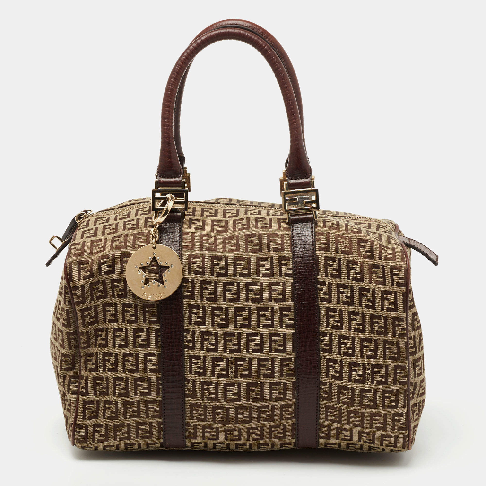 Pre Owned Fendi Brown Zucchino Canvas and Leather Forever Bauletto Boston Bag