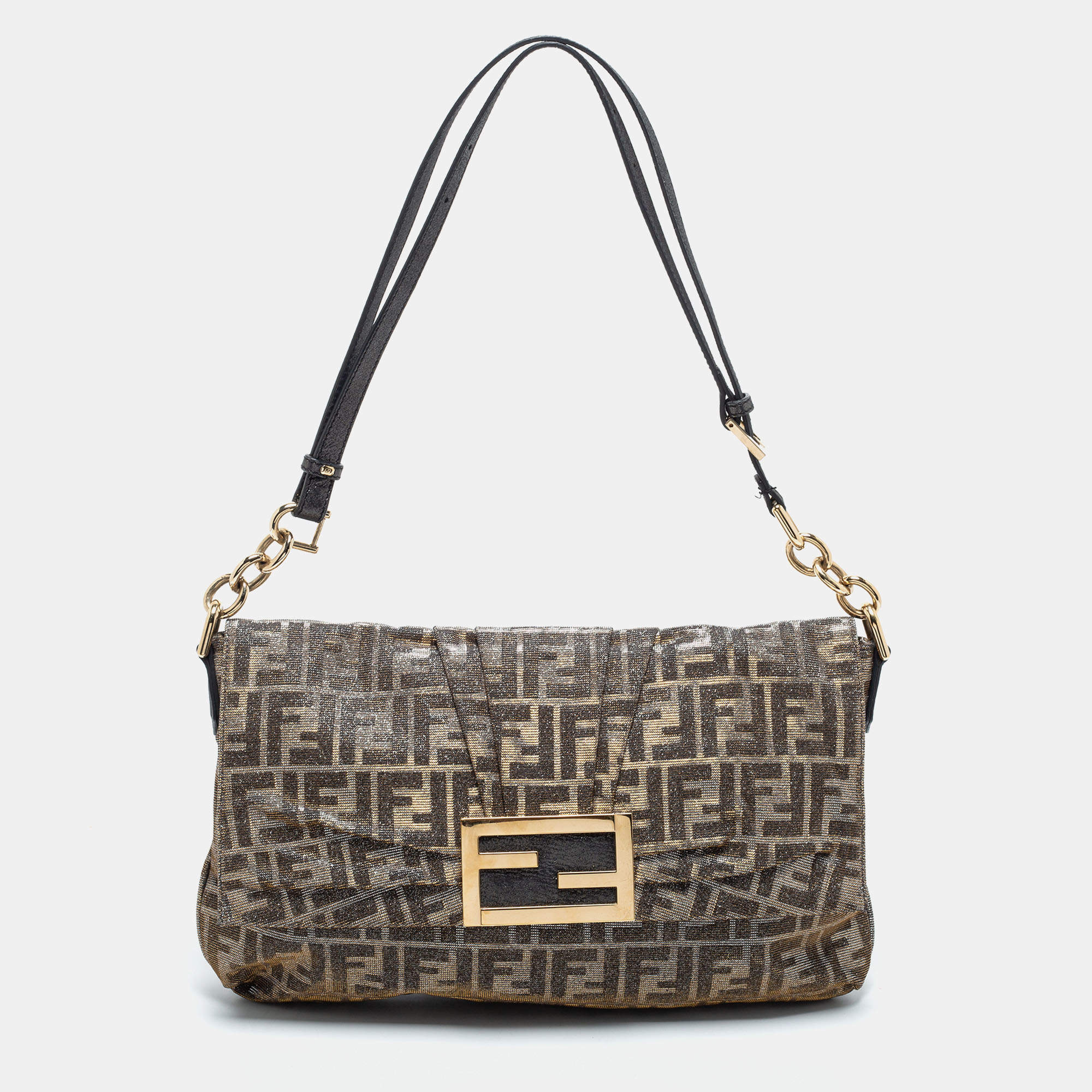 Pre Owned Fendi Silver/Gold Zucca Lurex Fabric Mia Flap Shoulder Bag