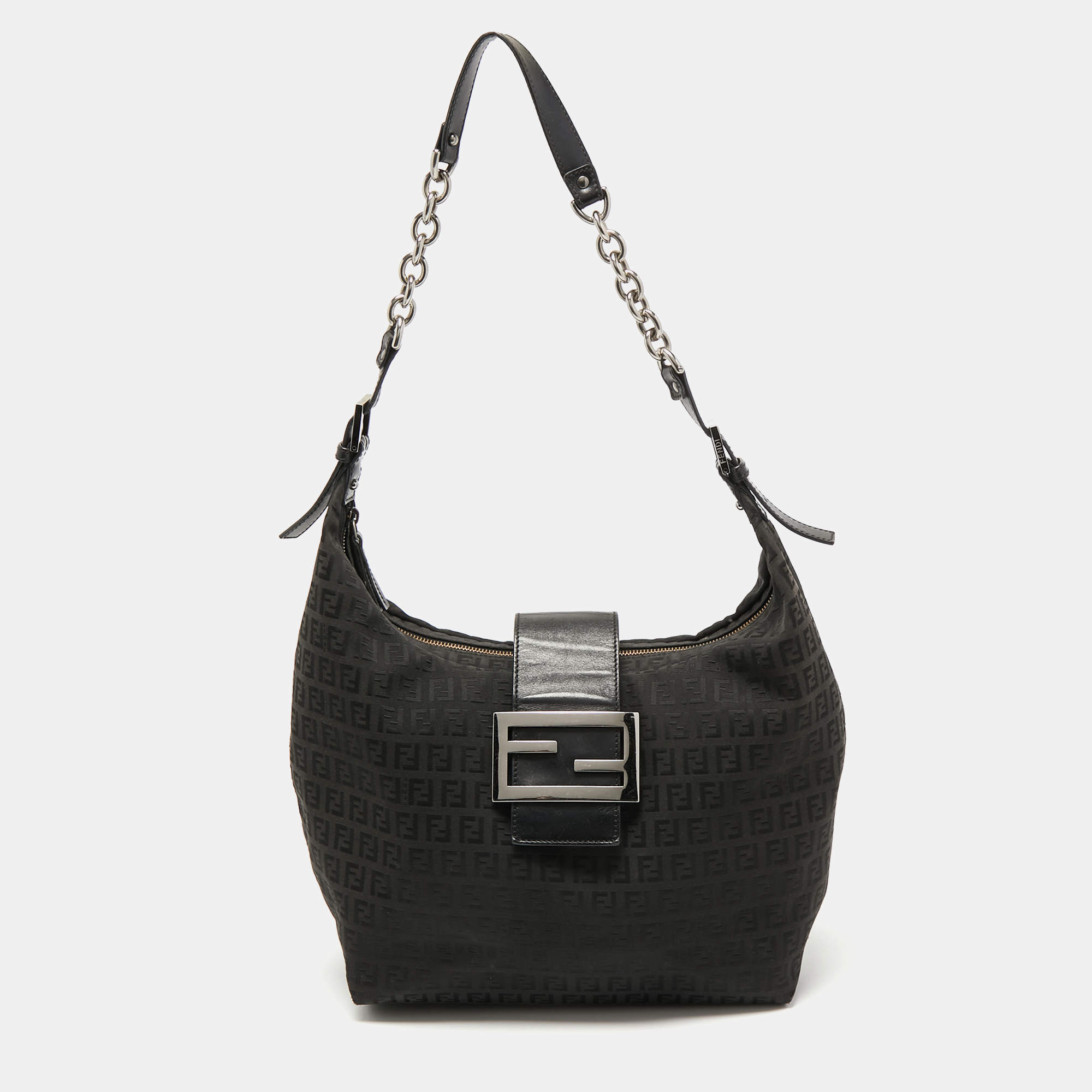 Pre Owned Fendi Black Zucca Canvas and Leather Hobo