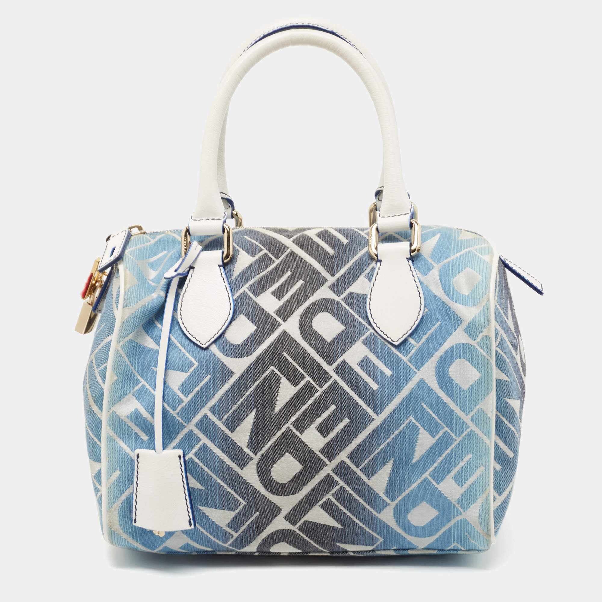 Fendi Blue/White Logo Print Canvas Boston Bag
