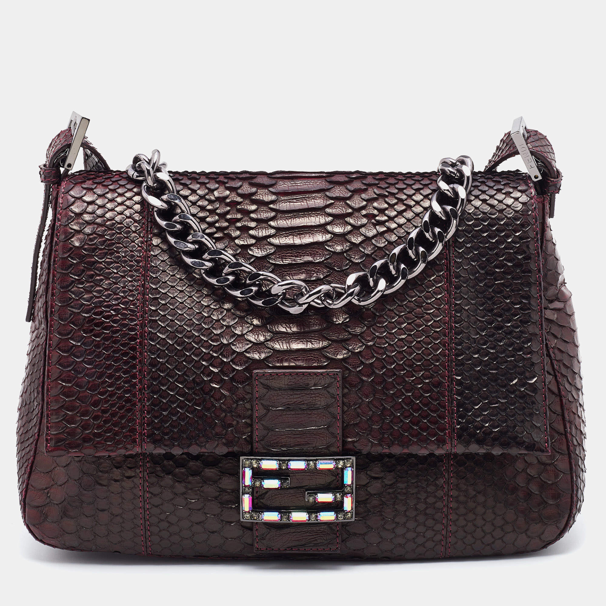 Pre Owned Fendi Burgundy Python Leather Mama Forever Shoulder Bag
