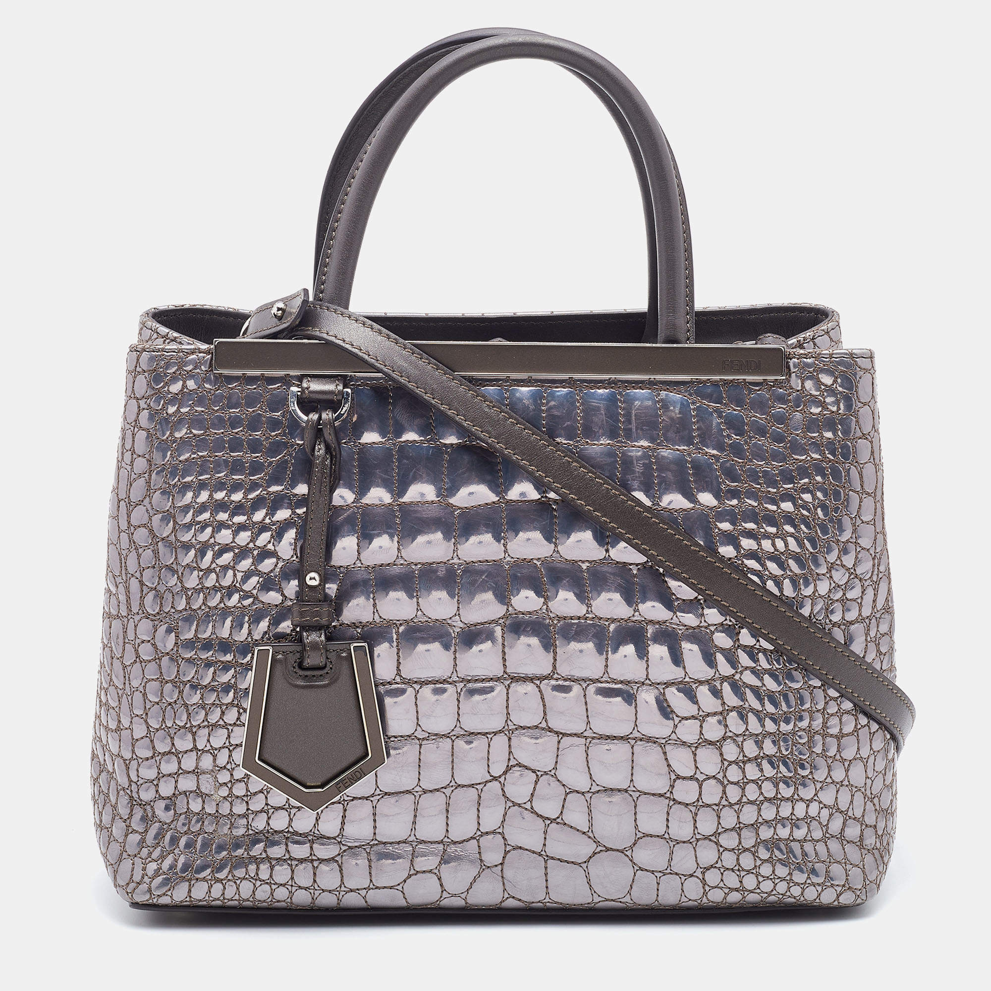 Pre Owned Fendi Silver/Brown Croc Embossed Patent Leather Small 2Jours Tote