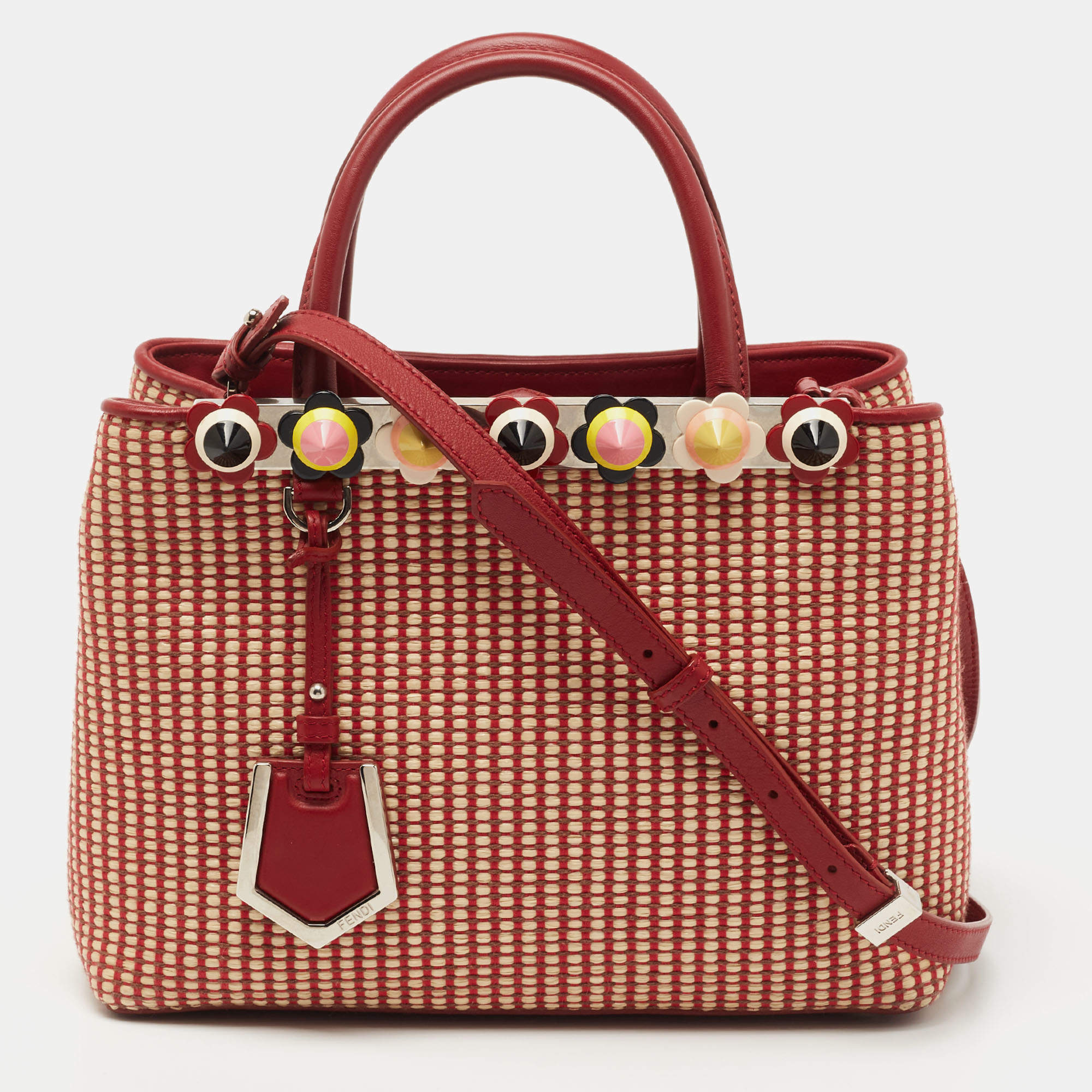 Pre Owned Fendi Red/Beige Raffia and Leather Mini Flowerland Embellished 2Jours Tote