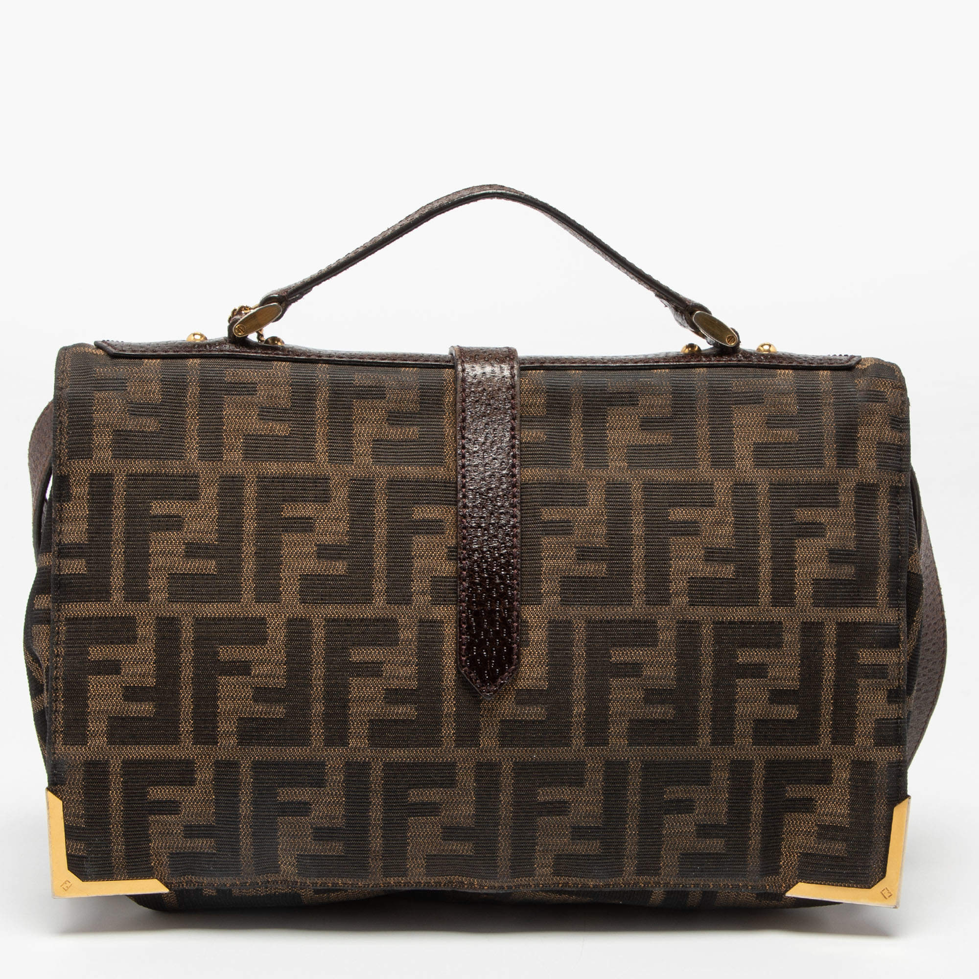 Fendi Brown Zucca Canvas And Red Leather Selleria Boston Bag