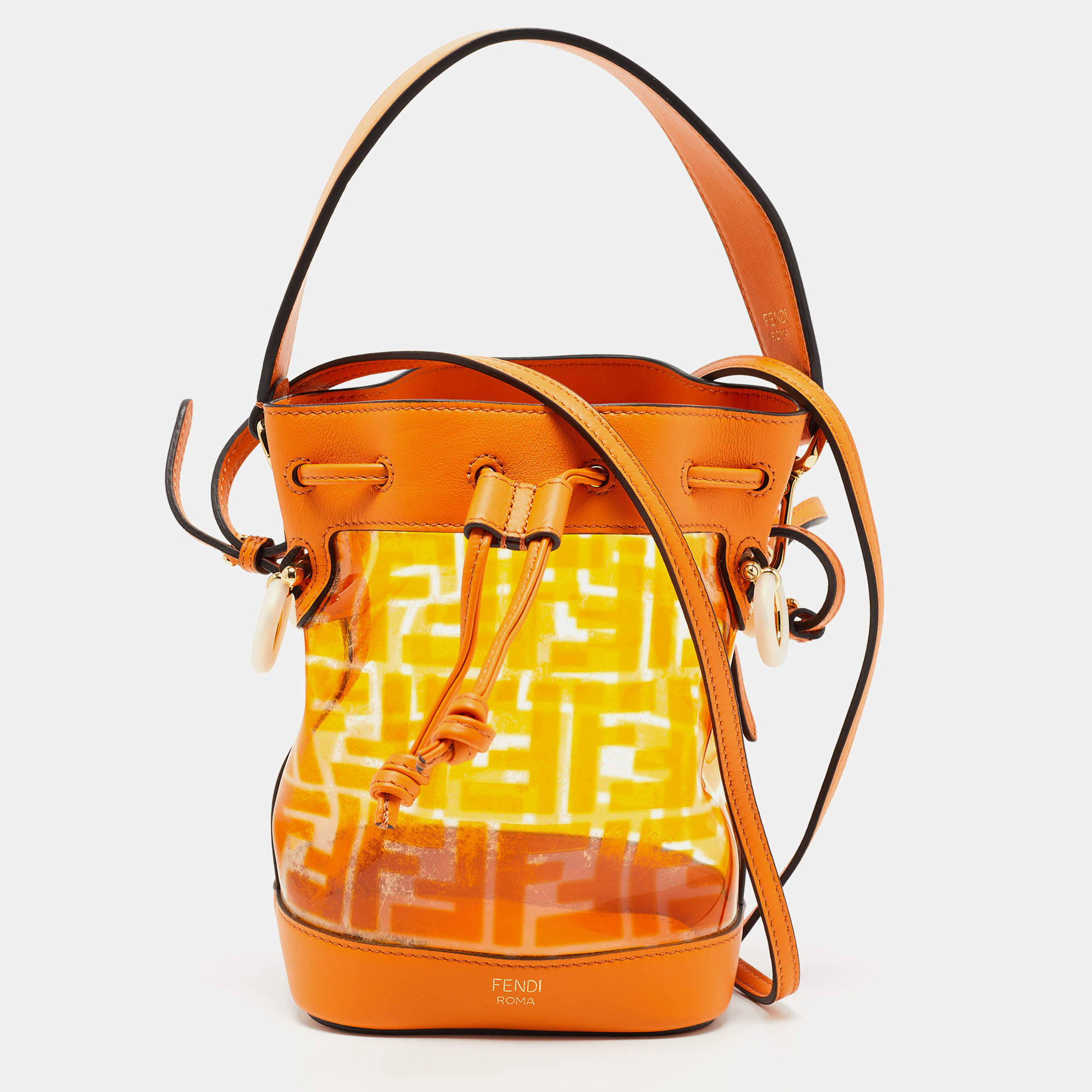Pre Owned Fendi Orange Zucca PVC and Leather Mini Mon Tresor Drawstring Bucket Bag