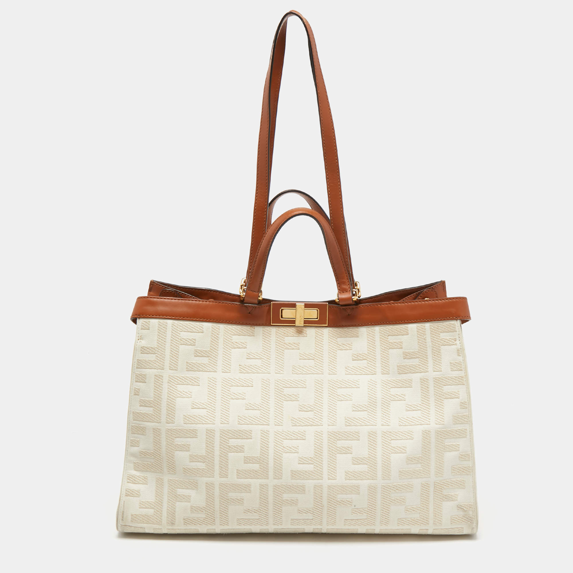 Pre Owned Fendi Brown/Off White FF Embroidery Canvas Medium X Shopper Tote