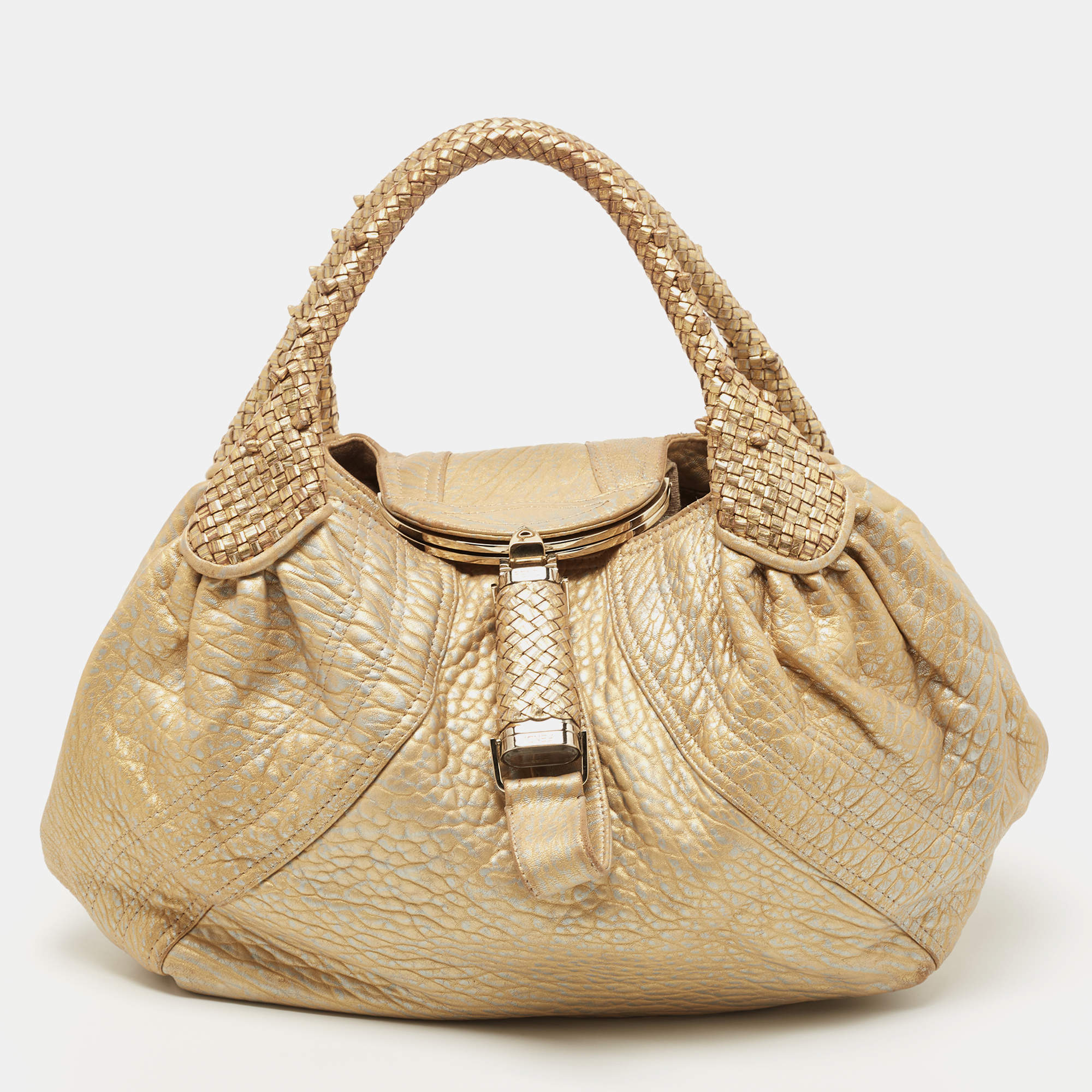 Pre Owned Fendi Metallic Gold Textured Leather Spy Hobo