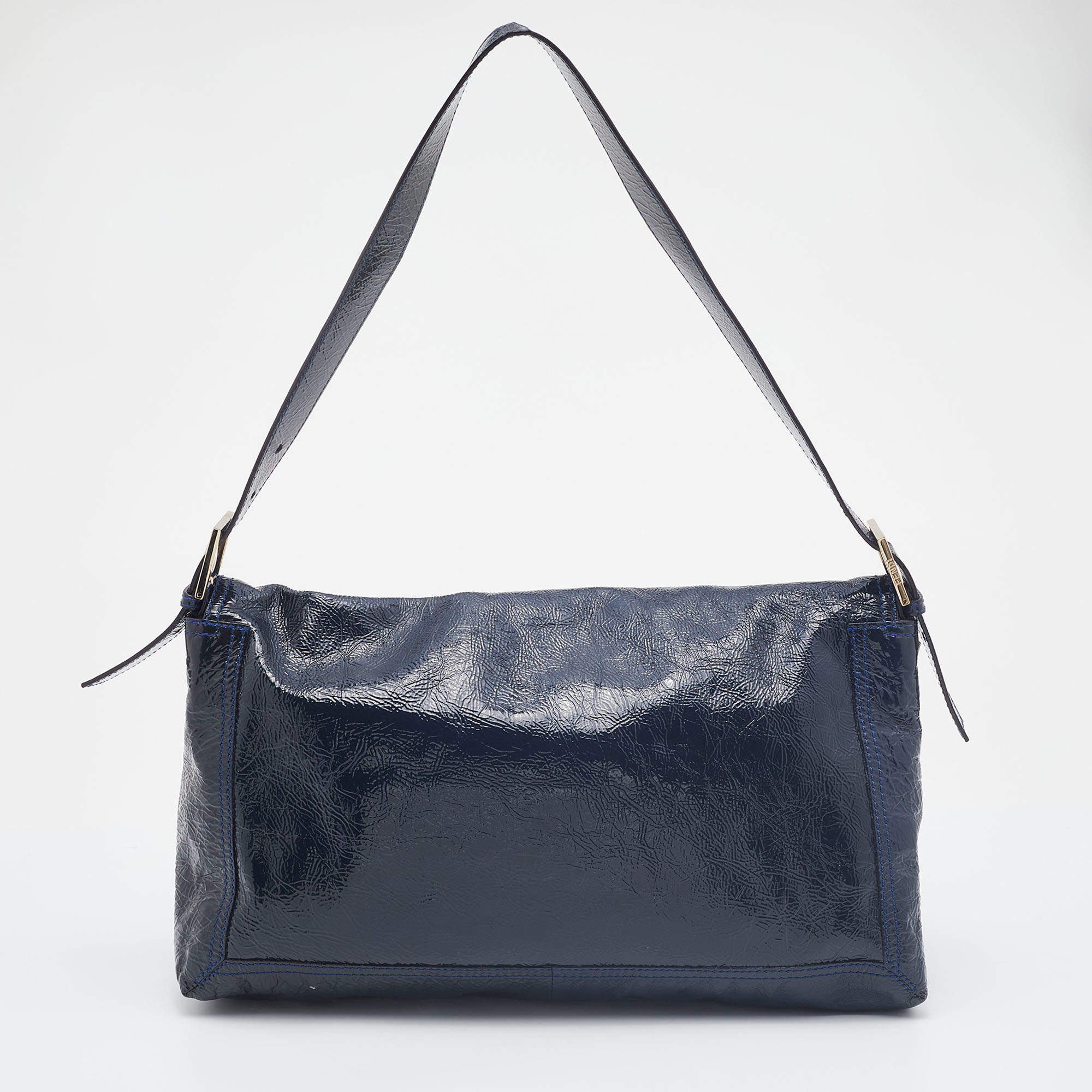 Fendi Navy Blue Patent Leather Maxi Baguette Shoulder Bag