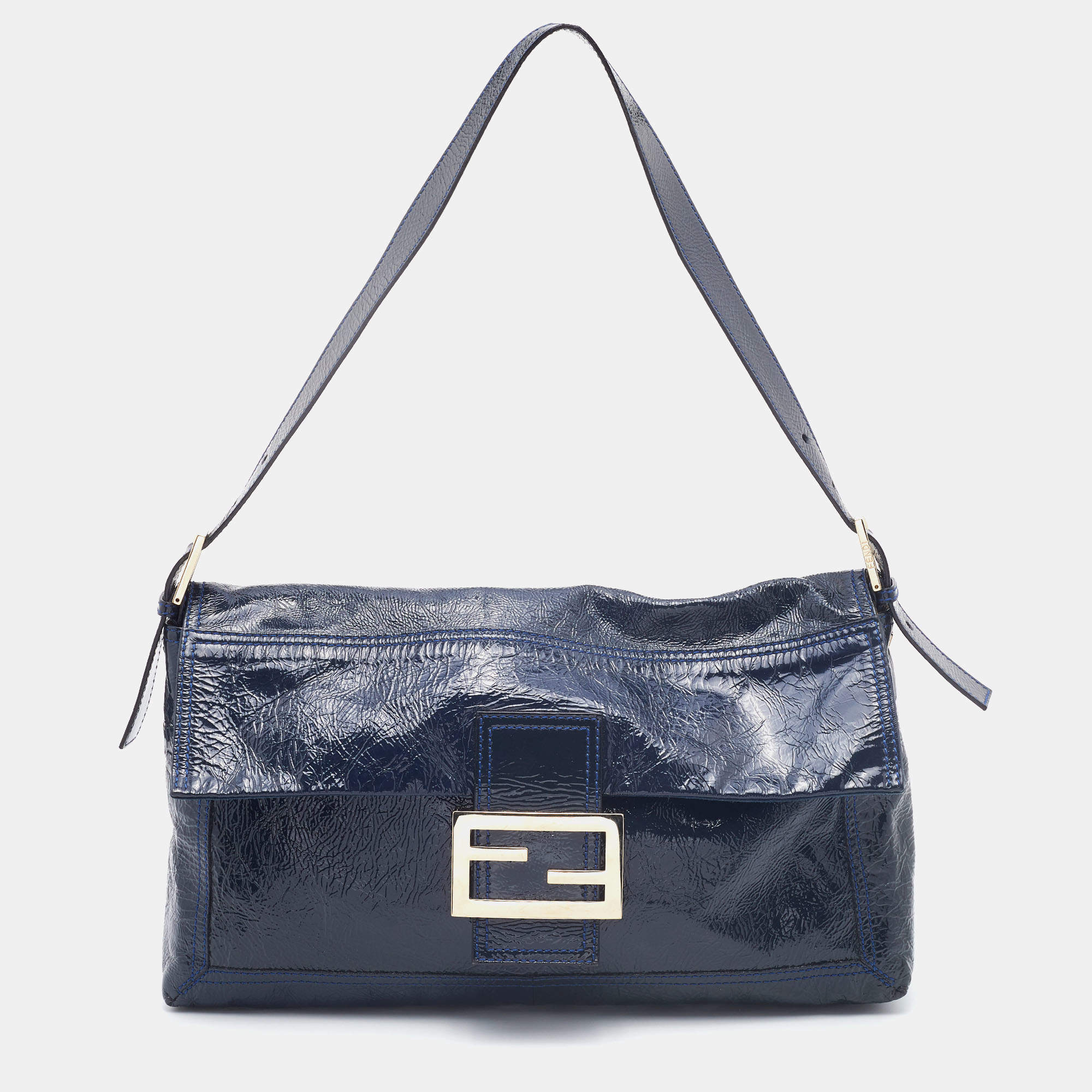 Pre Owned Fendi Navy Blue Patent Leather Maxi Baguette Shoulder Bag