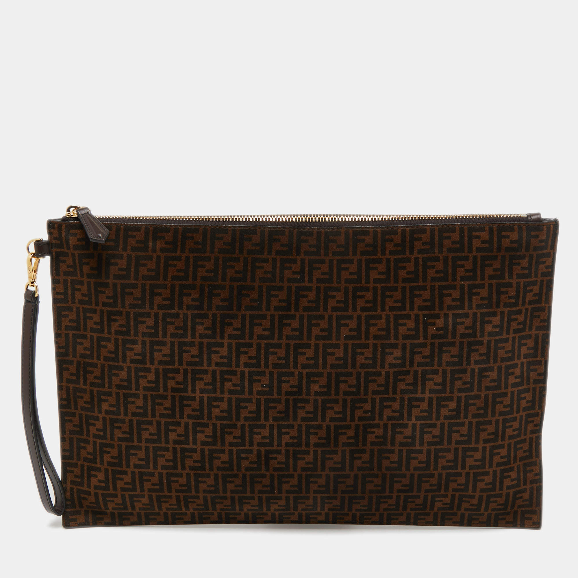 Pre Owned Fendi Tobacco Zucchino Suede and Leather Zip Wristlet Pouch