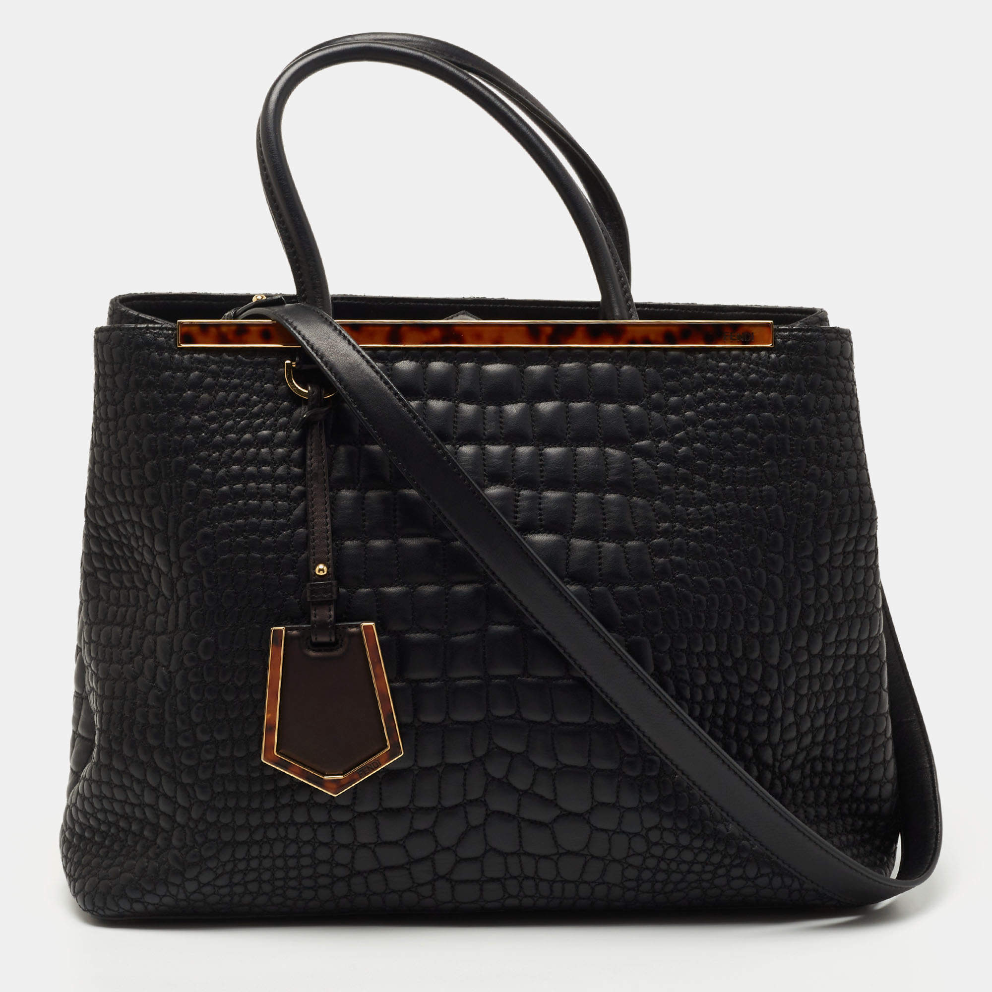 Pre Owned Fendi Black Croc Embossed Leather Medium 2Jours Tote