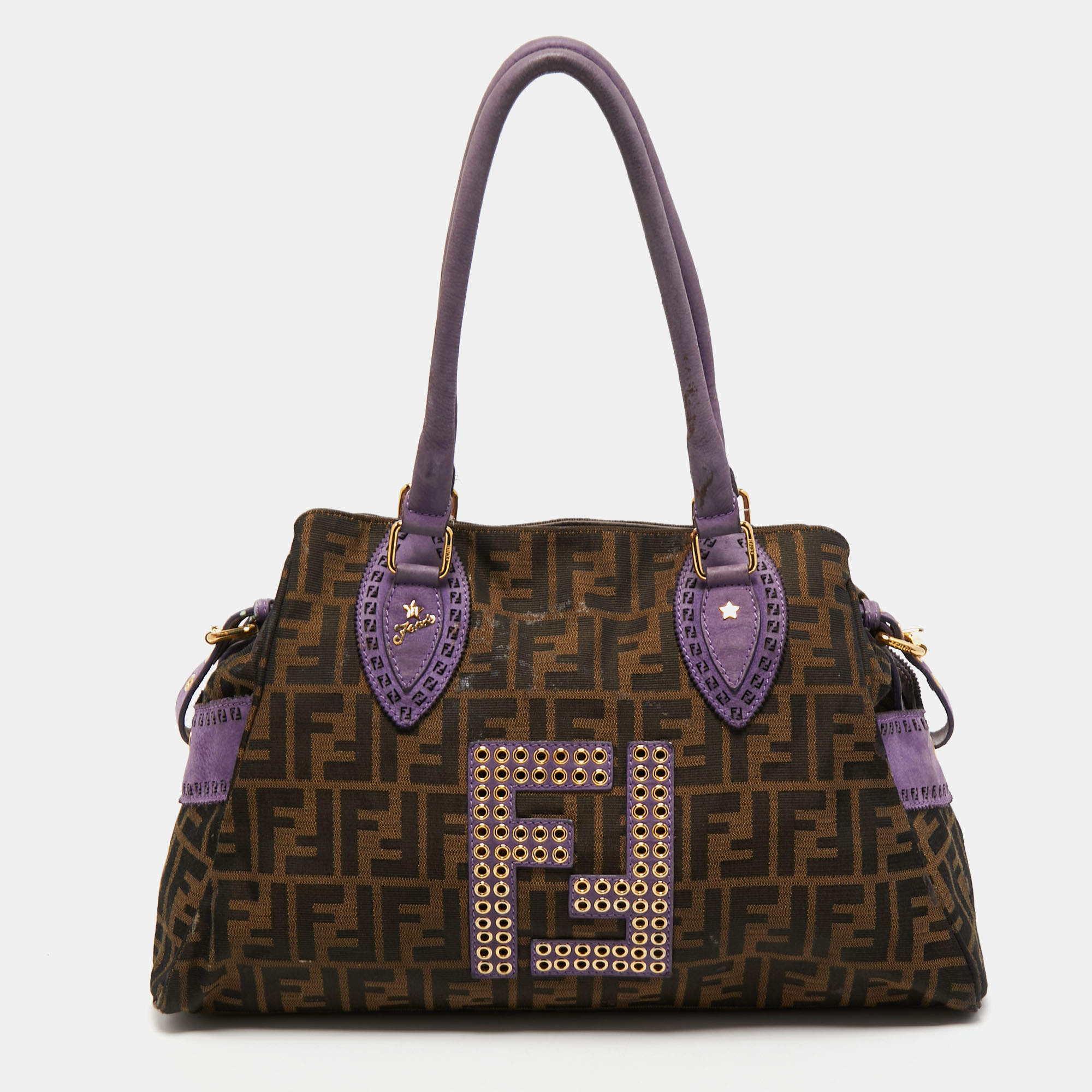 Pre Owned Fendi Tobacco/Purple Zucca Canvas and Suede Medium Chef De Jour Bag