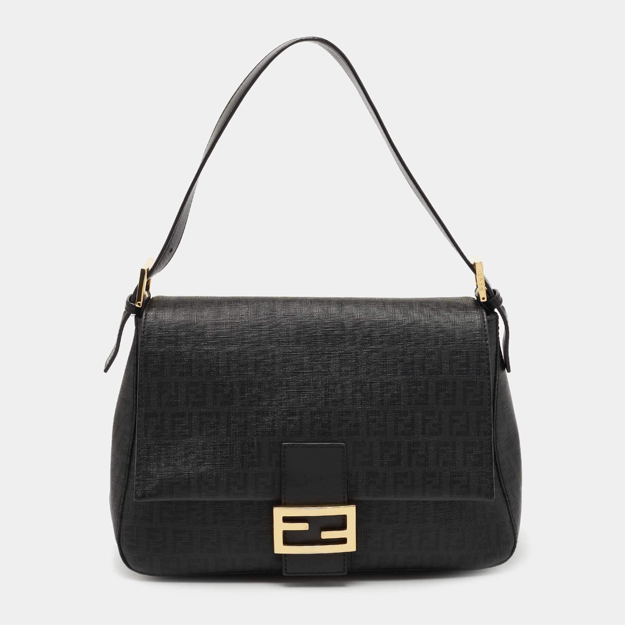 Fendi Black Zucchino Coated Canvas Mama Baguette Shoulder Bag