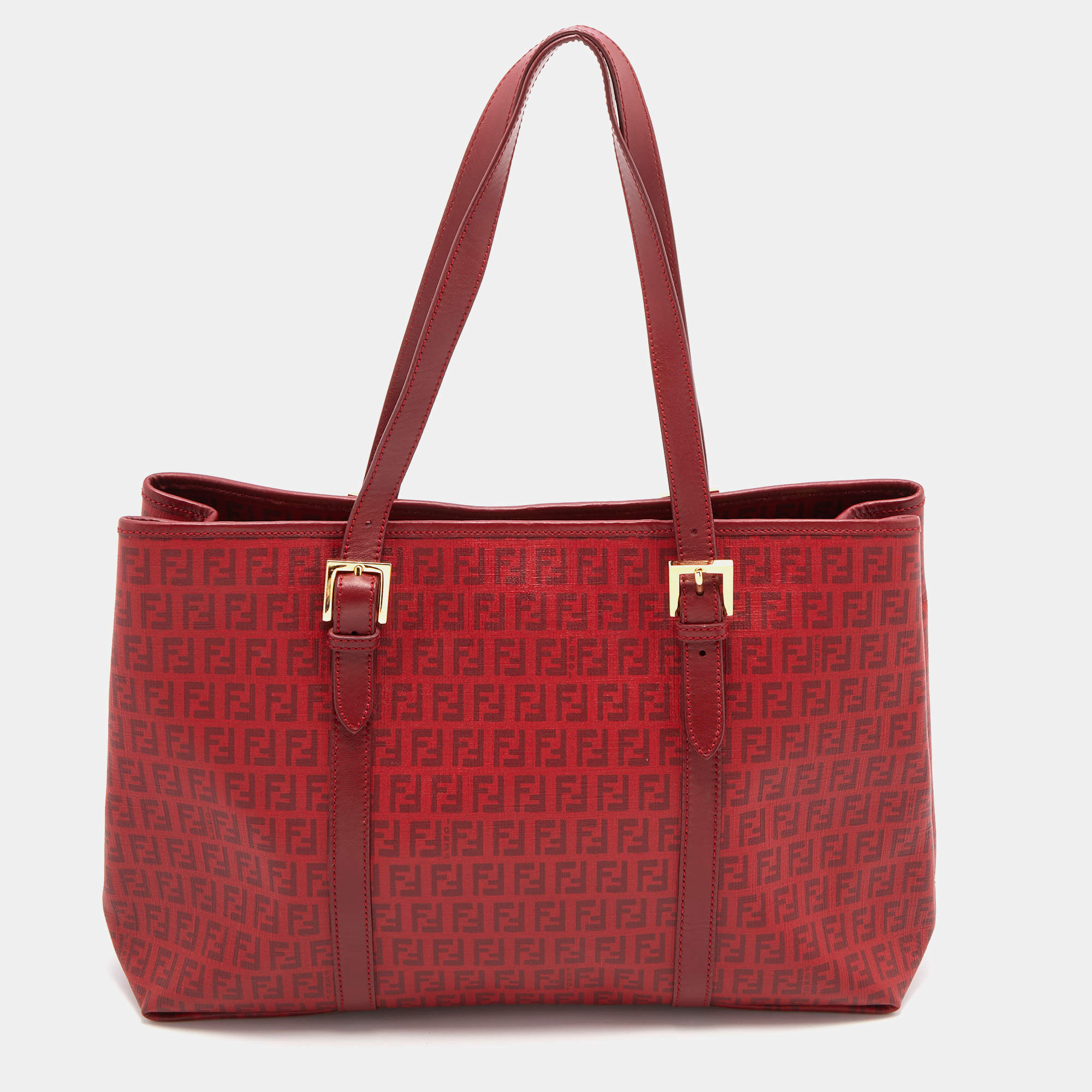Pre Owned Fendi Red Zucchino Coated Canvas and Leather Shopper Tote