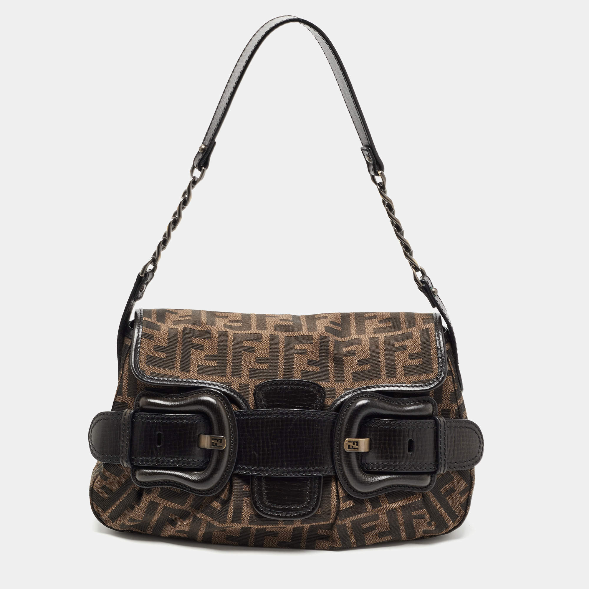 Pre Owned Fendi Tobacco Zucca Canvas and Leather B Bis Shoulder Bag 