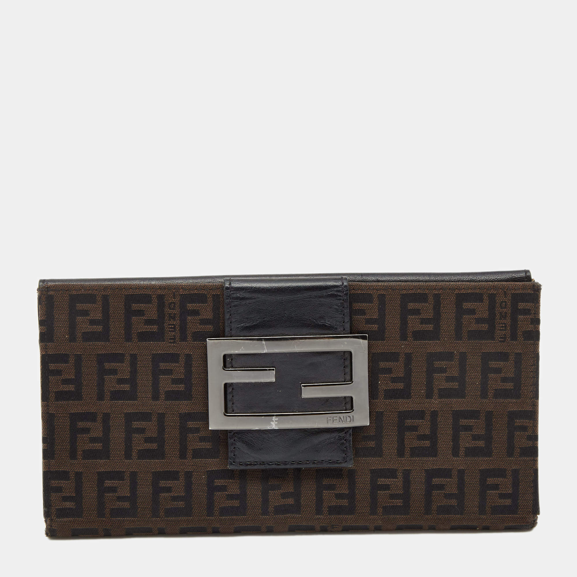 Pre Owned Fendi Black/Brown Zucchino Canvas and Leather Forever Continental Wallet