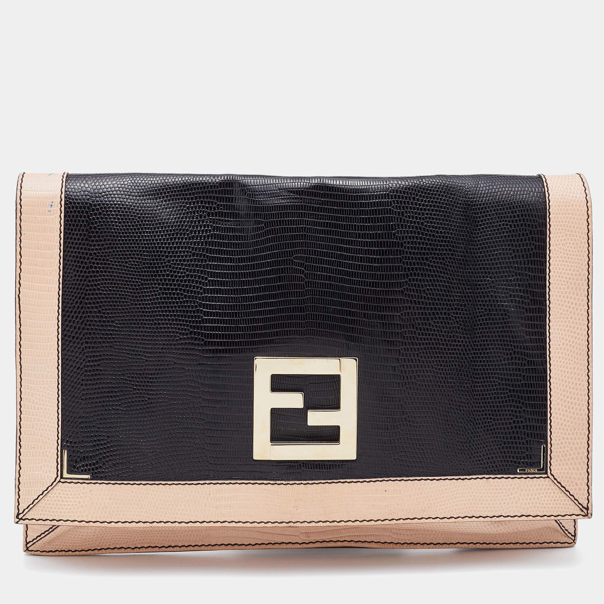 Pre Owned Fendi Black/Pink Lizard Embossed Leather Flap Clutch