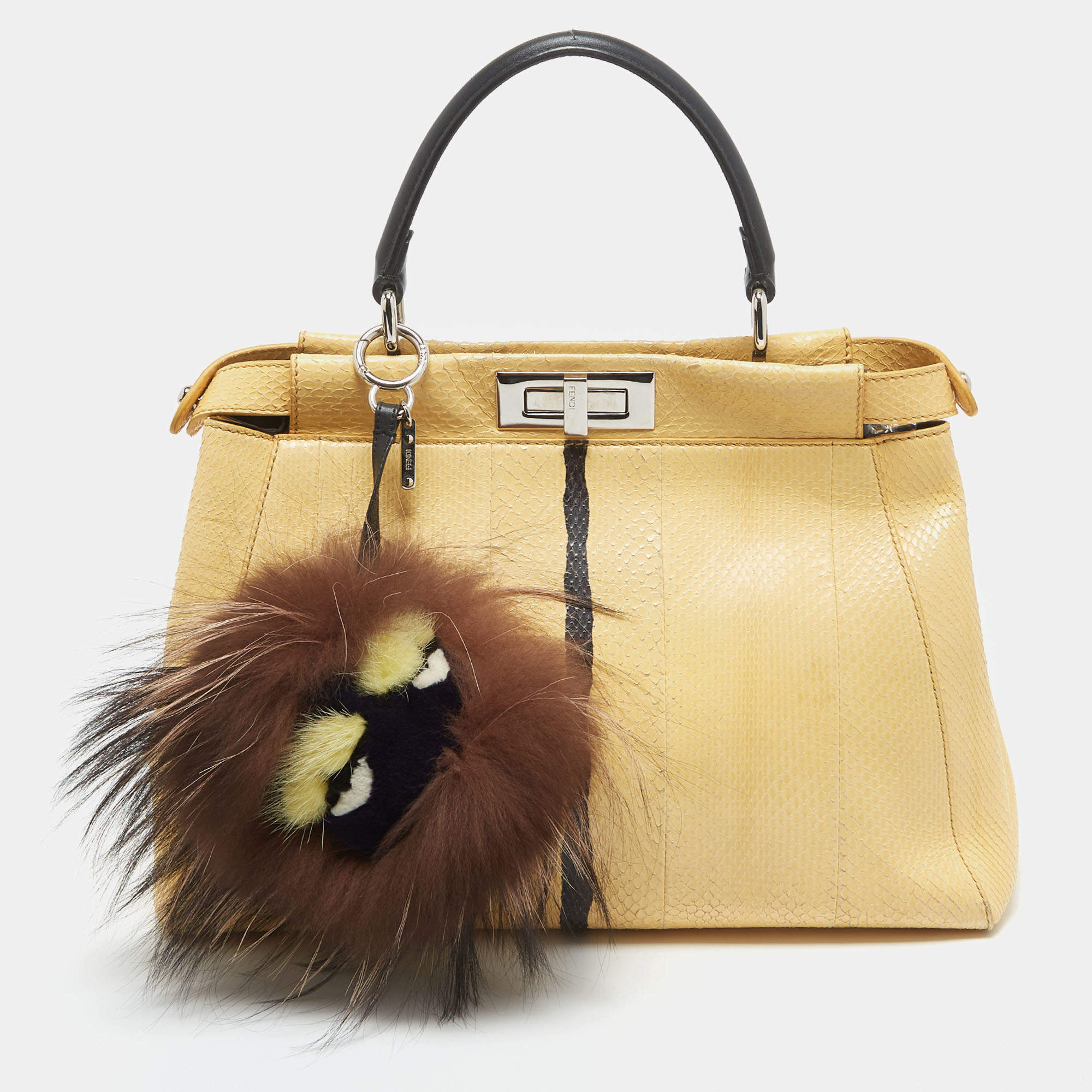 Pre Owned Fendi Yellow/Black Line Python Medium Peekaboo Top Handle Bag