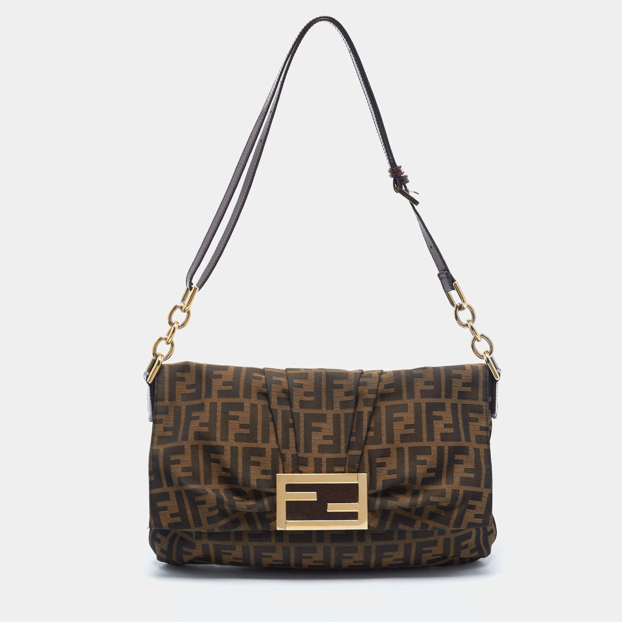 Pre Owned Fendi Tobacco Zucca Canvas and Patent Leather Mia Flap Shoulder Bag