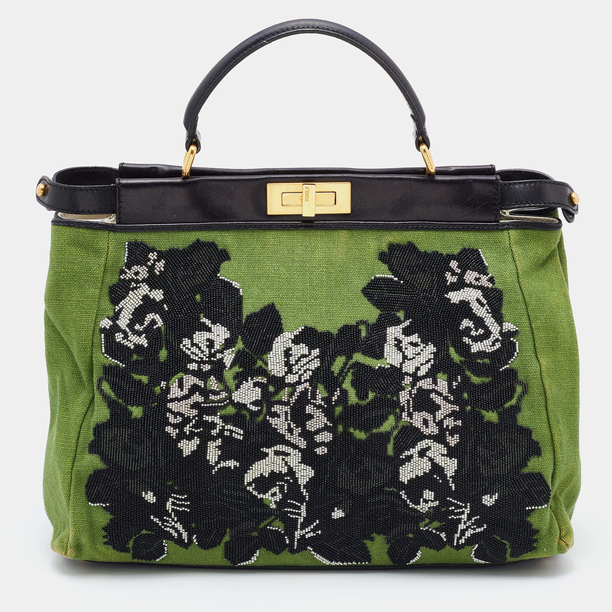 Pre Owned Fendi Green/Black Canvas and Leather, Beaded Large Peekaboo Top Handle Bag