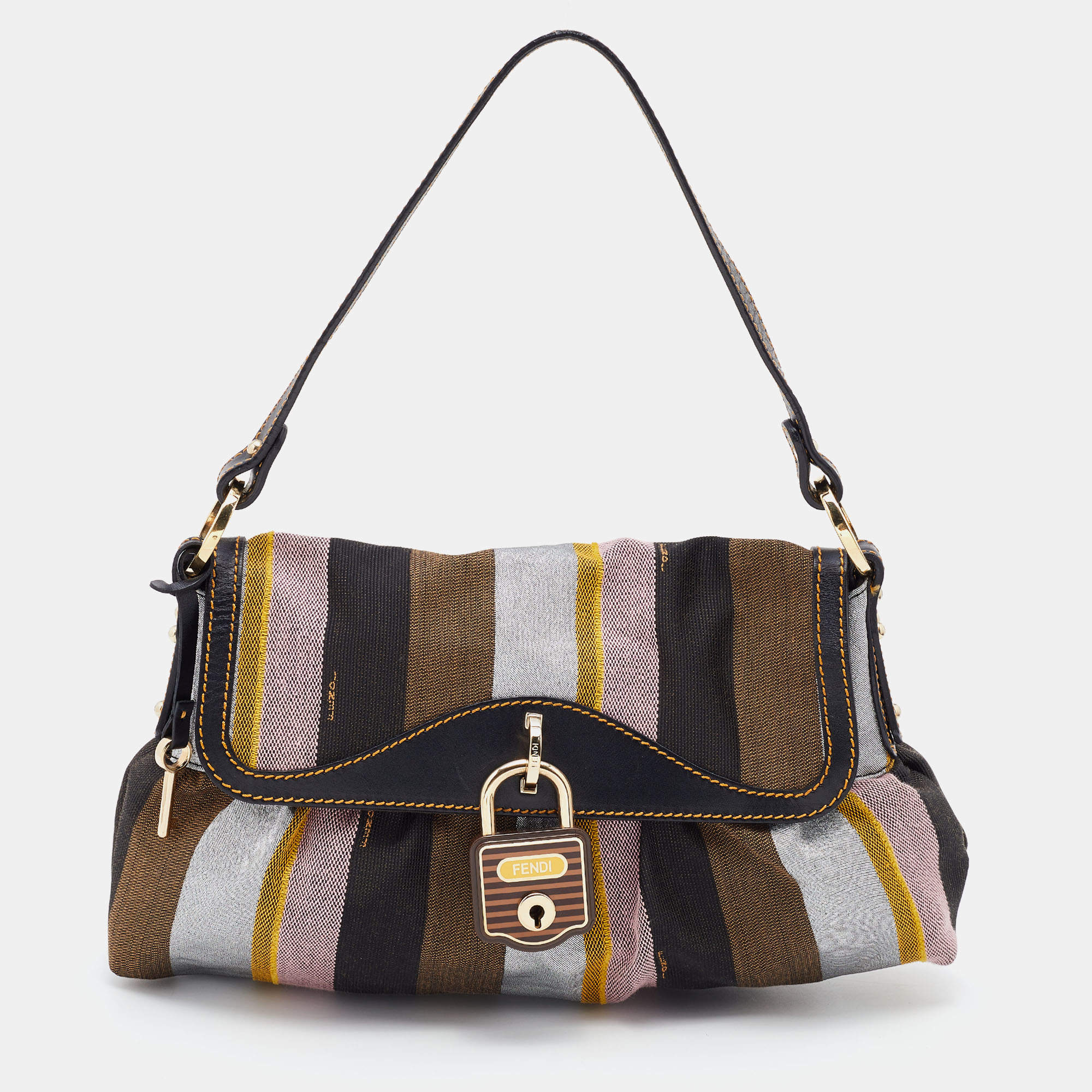 Pre Owned Fendi Multicolor Pequin Canvas and Leather Limited Edition Chef Baguette Bag