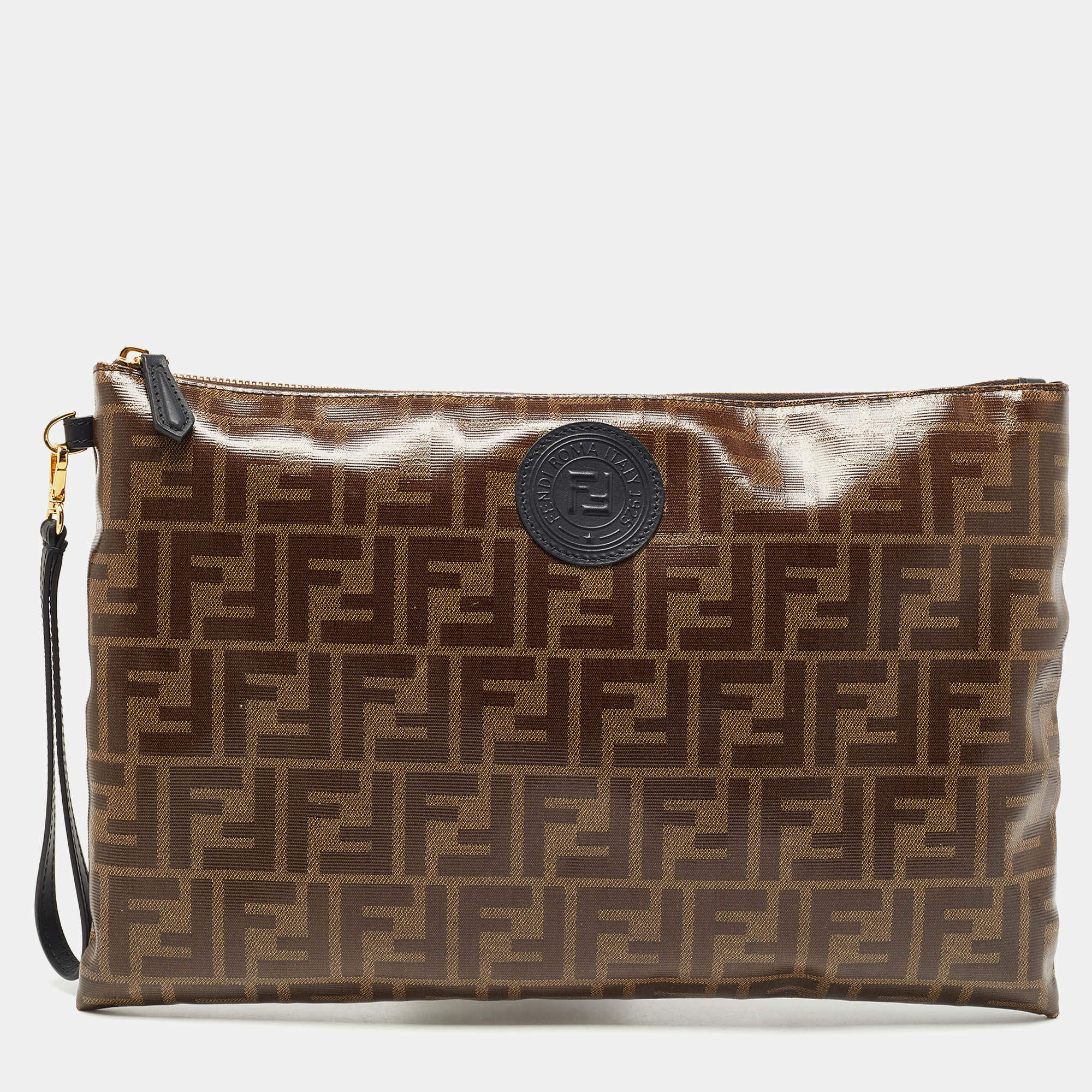 Pre Owned Fendi Brown Coated Canvas FFreedom Flat Pouch Bag